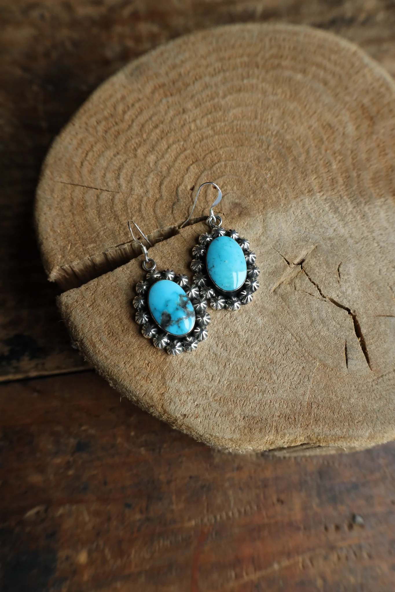 Sterling Silver Concho Edge Turquoise Oval Hook Earring - Image 3