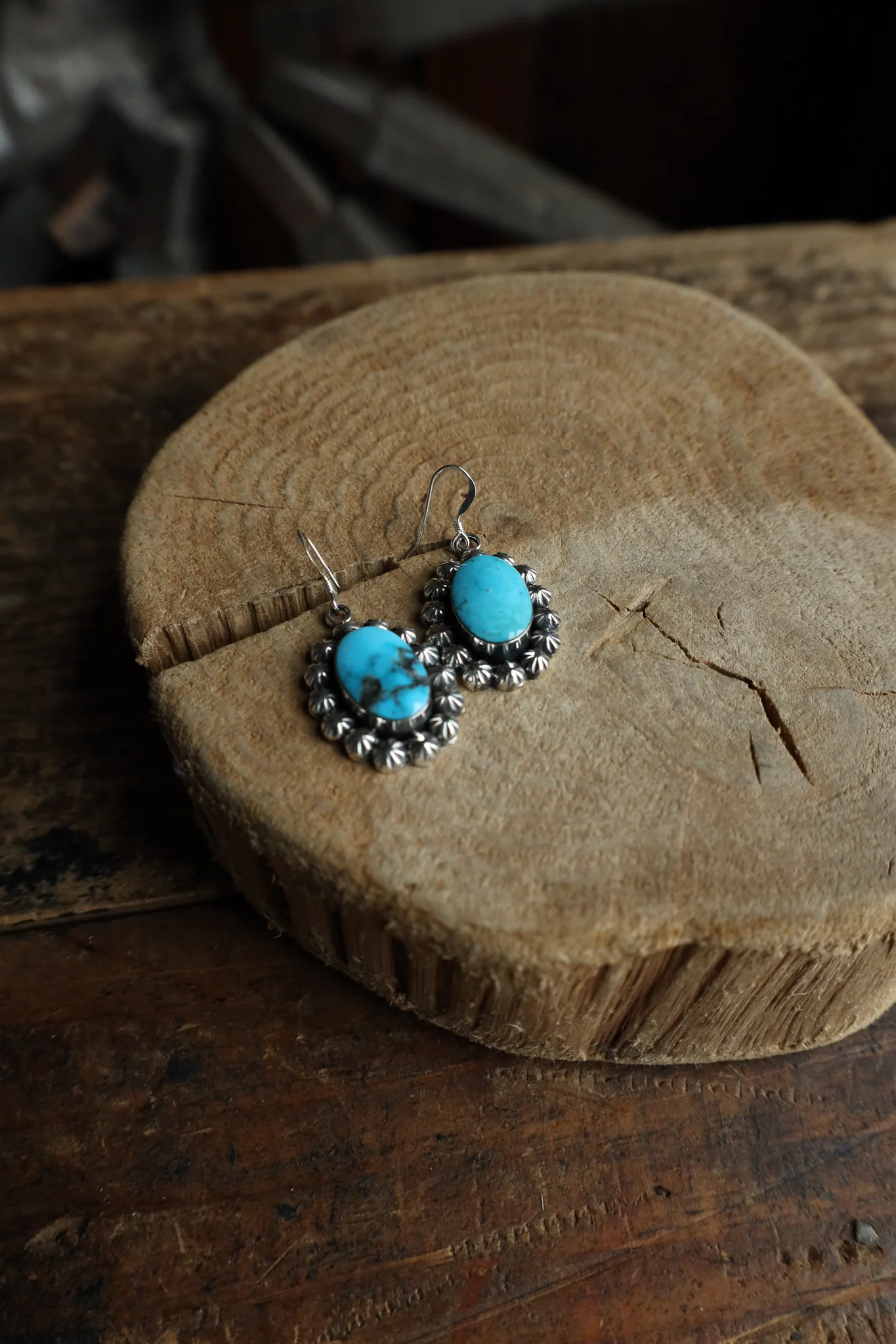 Sterling Silver Concho Edge Turquoise Oval Hook Earring - Image 5