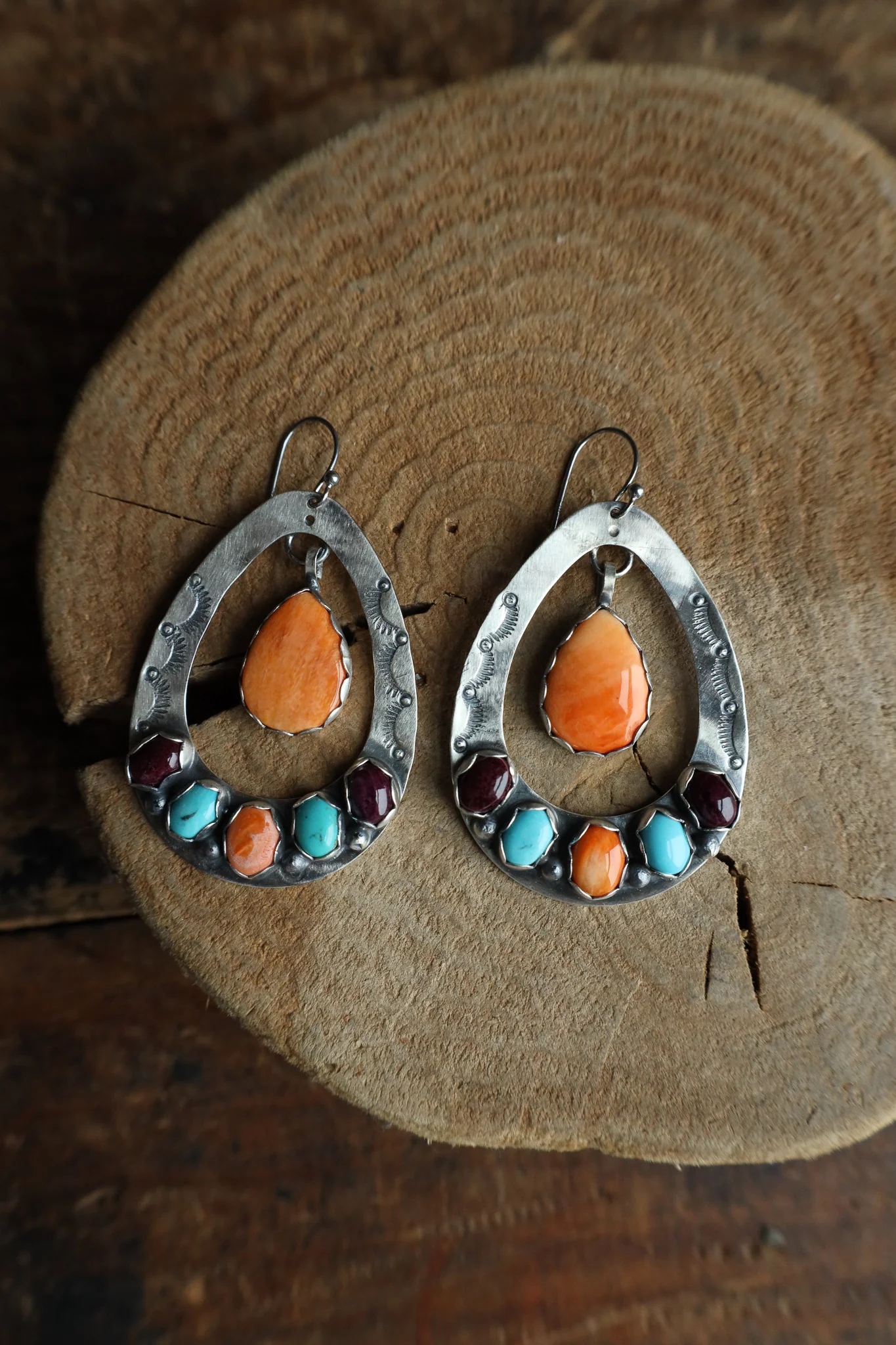 Sterling Silver Stamped Open Teardrop With Spiny Oyster and Turquoise Earring - Image 3