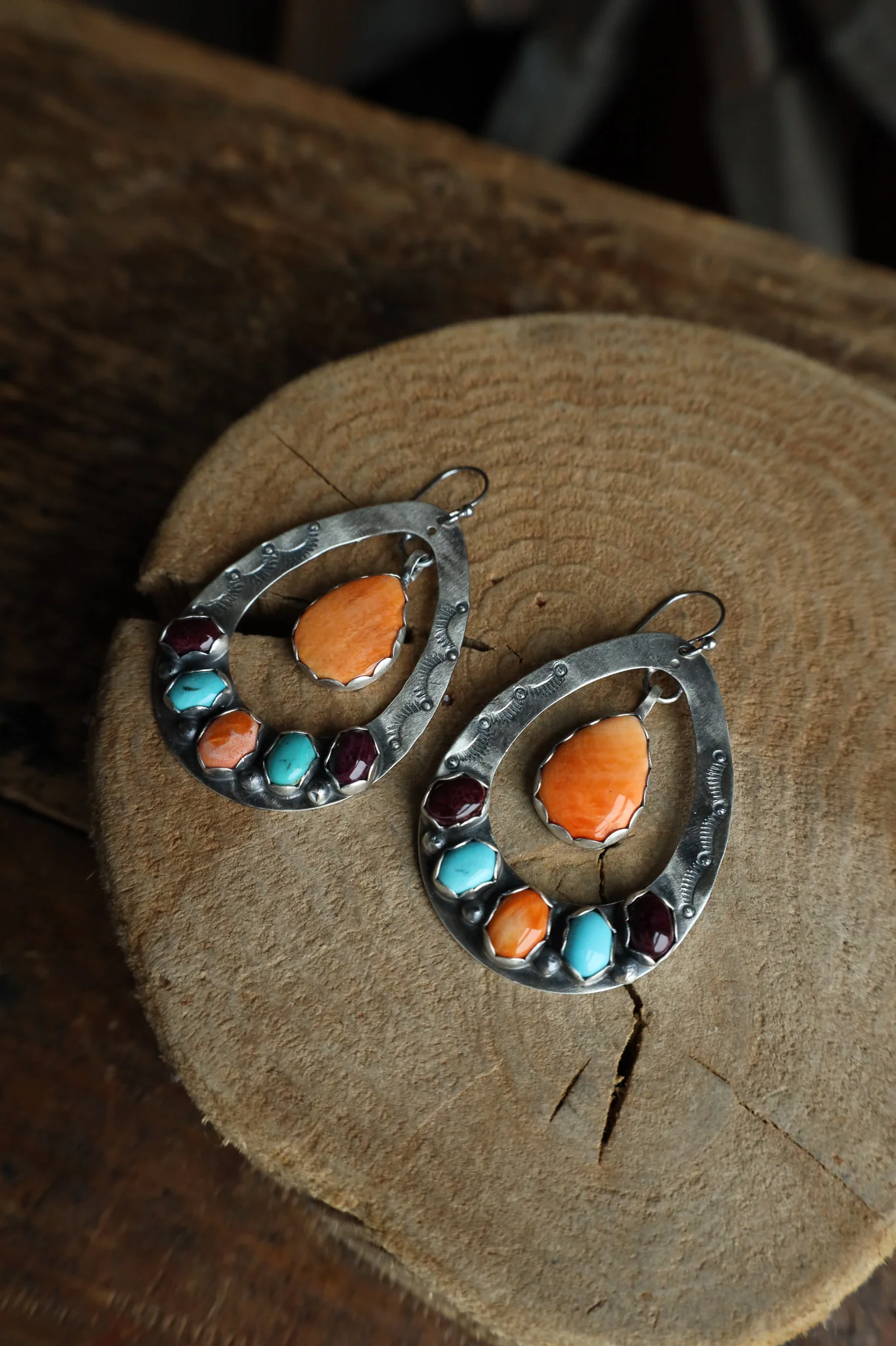 Sterling Silver Stamped Open Teardrop With Spiny Oyster and Turquoise Earring - Image 4