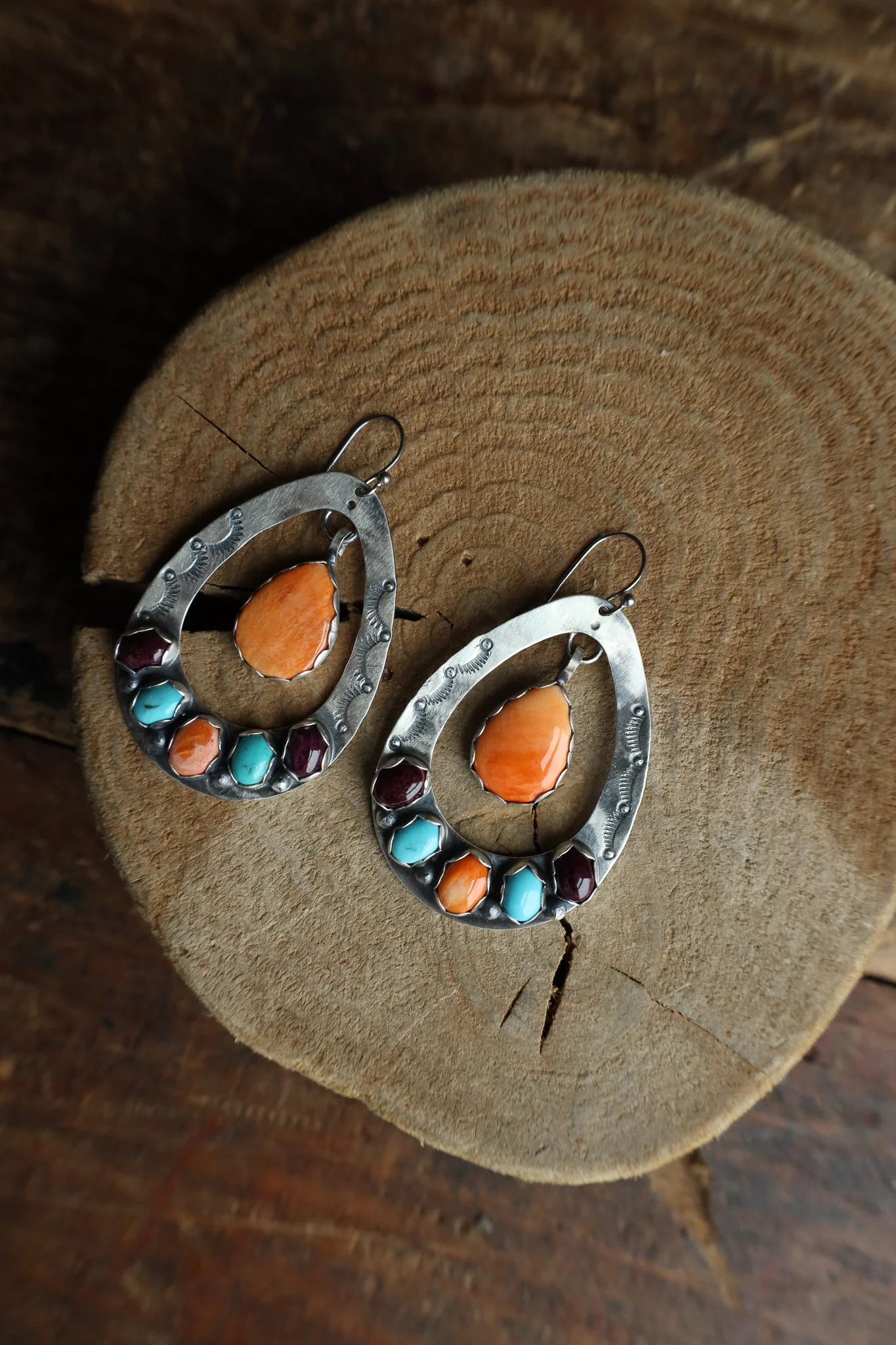 Sterling Silver Stamped Open Teardrop With Spiny Oyster and Turquoise Earring - Image 5