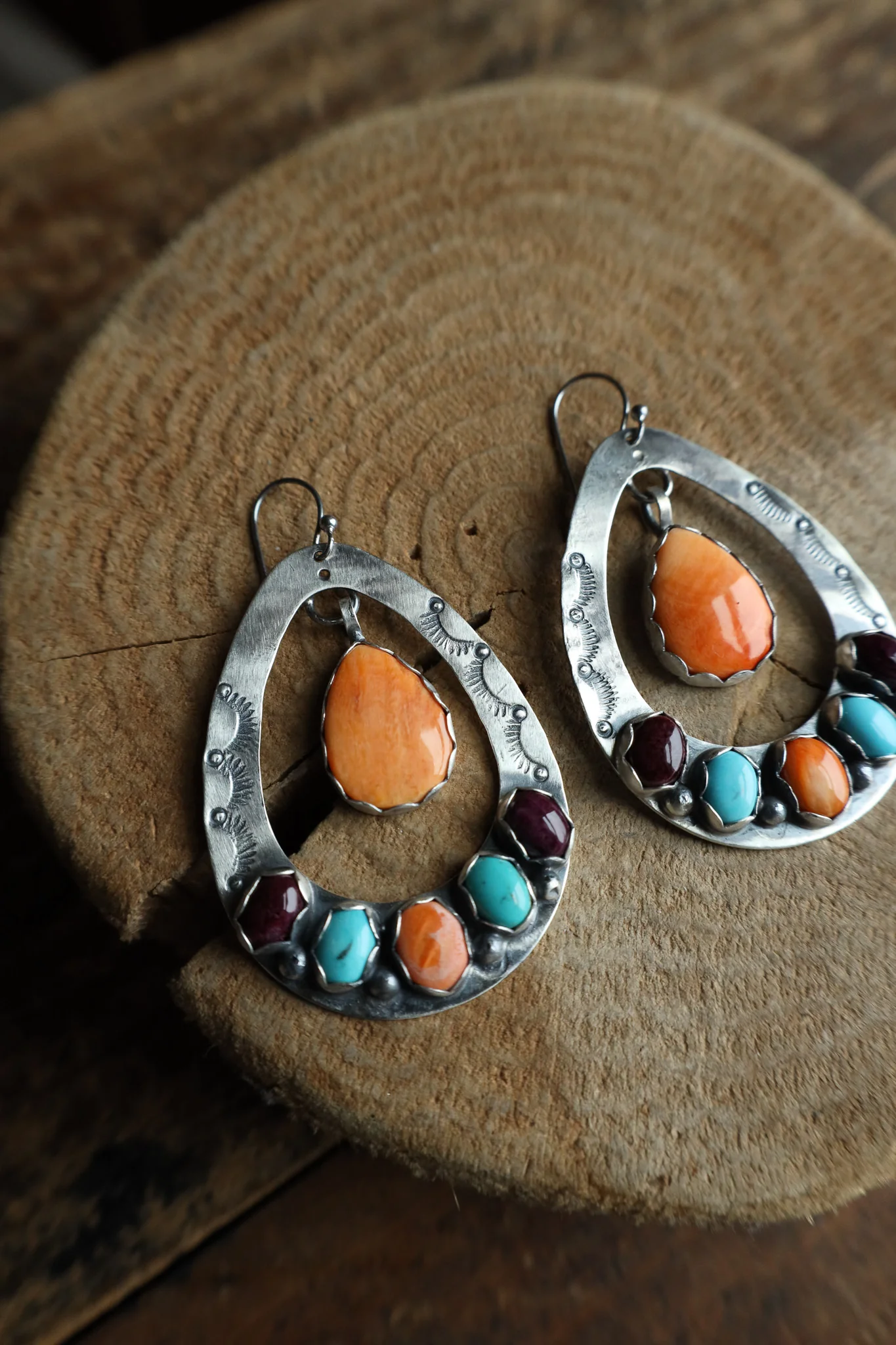 Sterling Silver Stamped Open Teardrop With Spiny Oyster and Turquoise Earring - Image 6