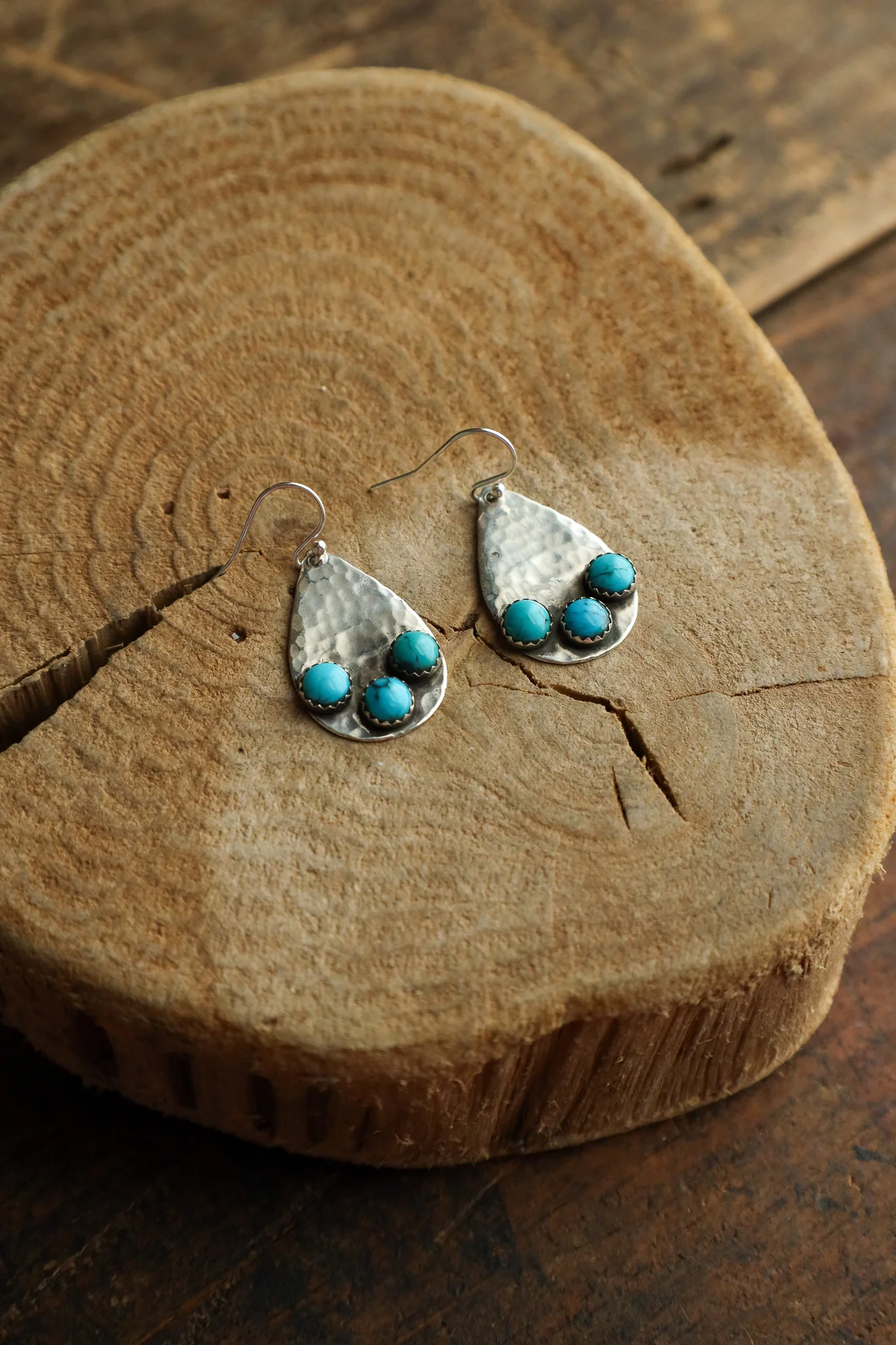 Richard Schmidt Teardrop Base 3 Turquoise Rounds Bottom Earring - Image 2