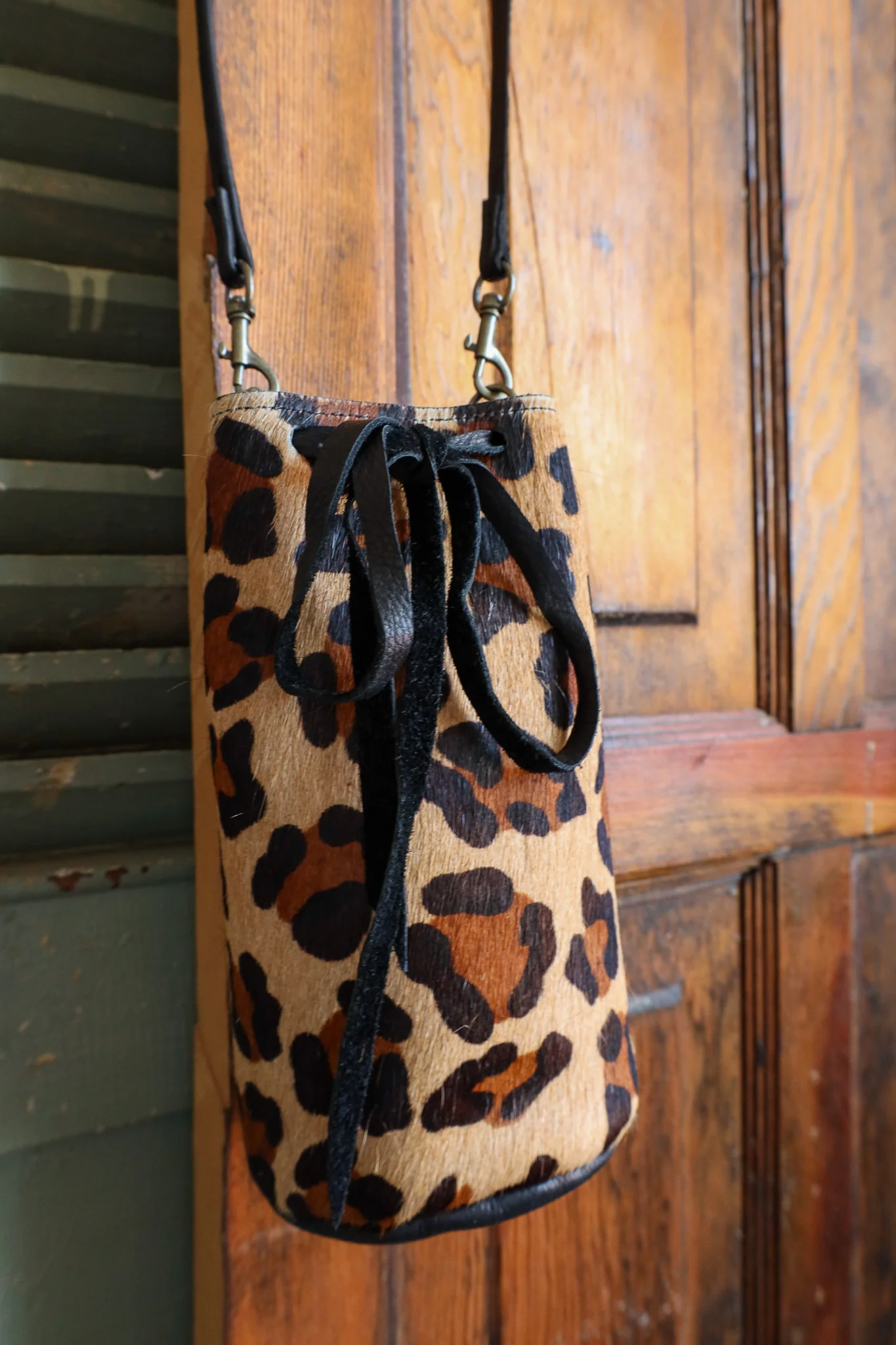 Two Bar West Small Drawstring Leopard Handbag