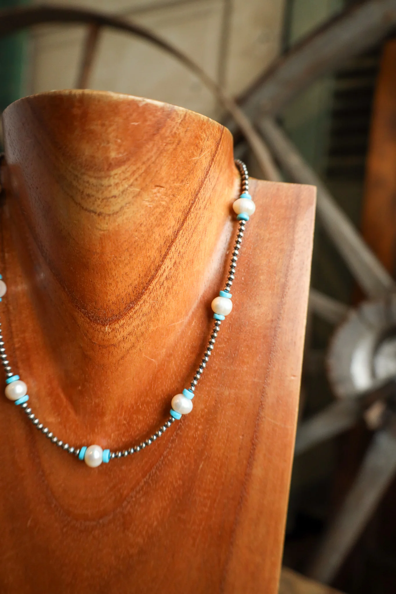 16" Freshwater Pearls Turquoise Beads Stations Necklace - Image 3