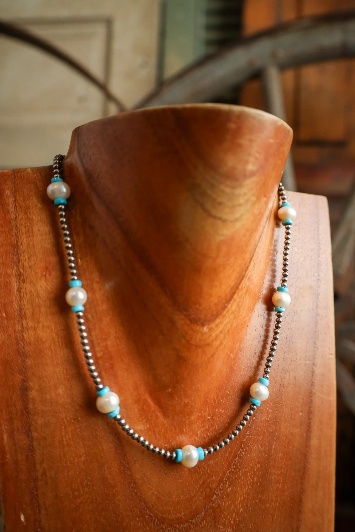 16" Freshwater Pearls Turquoise Beads Stations Necklace - Image 4