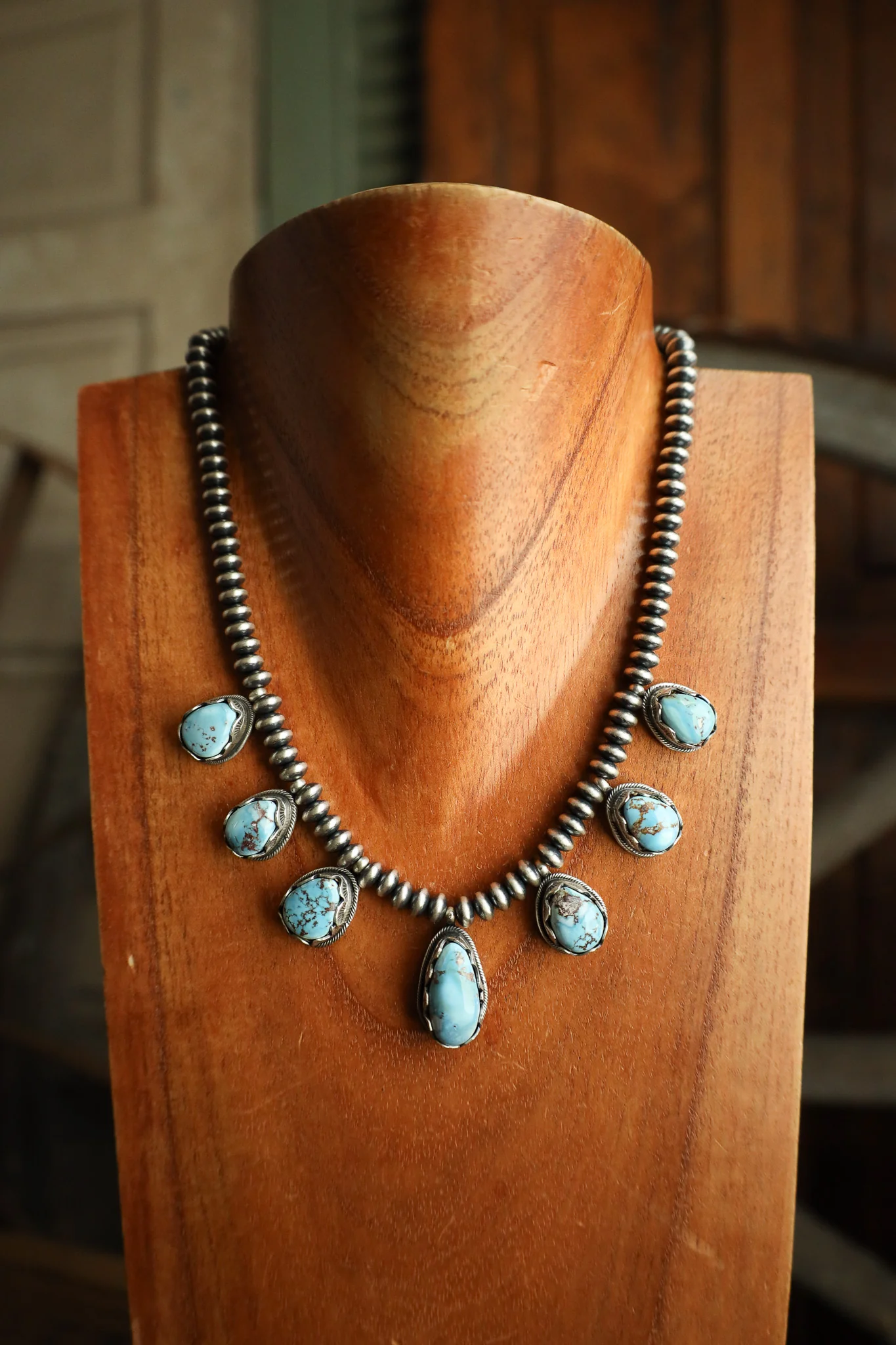 7 Blue And Brown Turquoise Navajo Pearl Saucers Necklace - Image 6