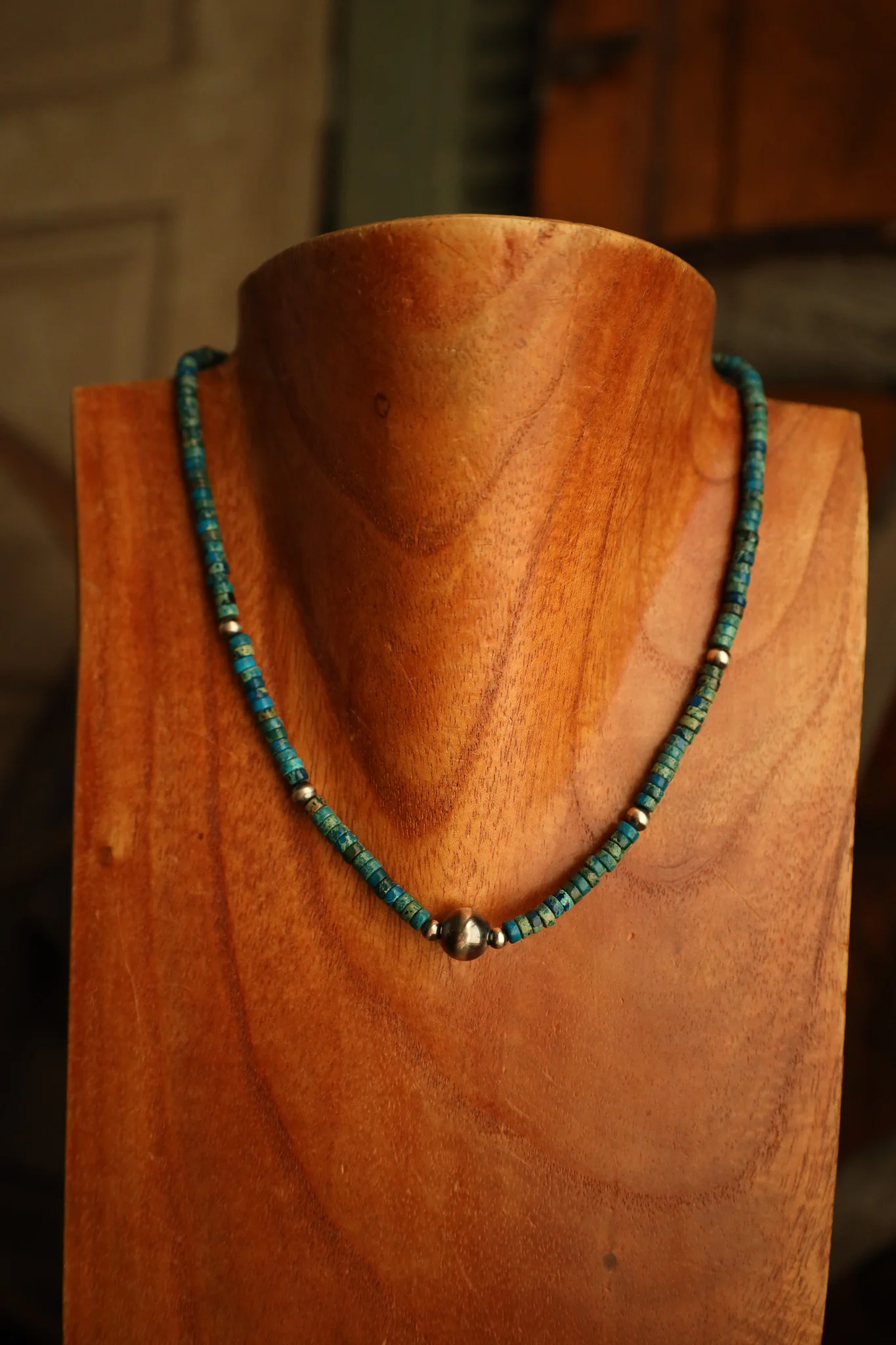 Azurite Heishis With Navajo Pearls Necklace - Image 3