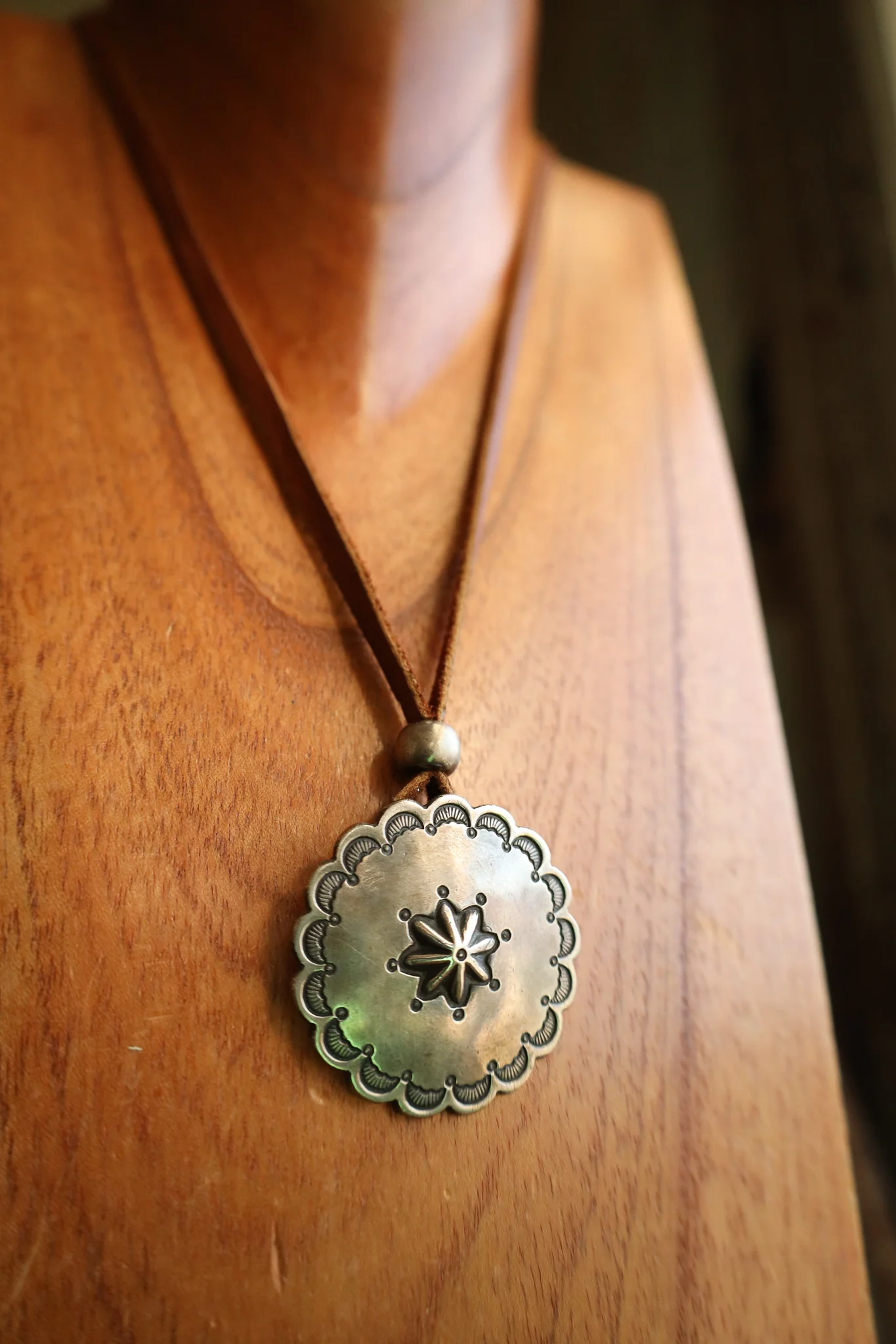 Peyote Bird Sterling Silver Full Moon Pendant Brown Leather Necklace