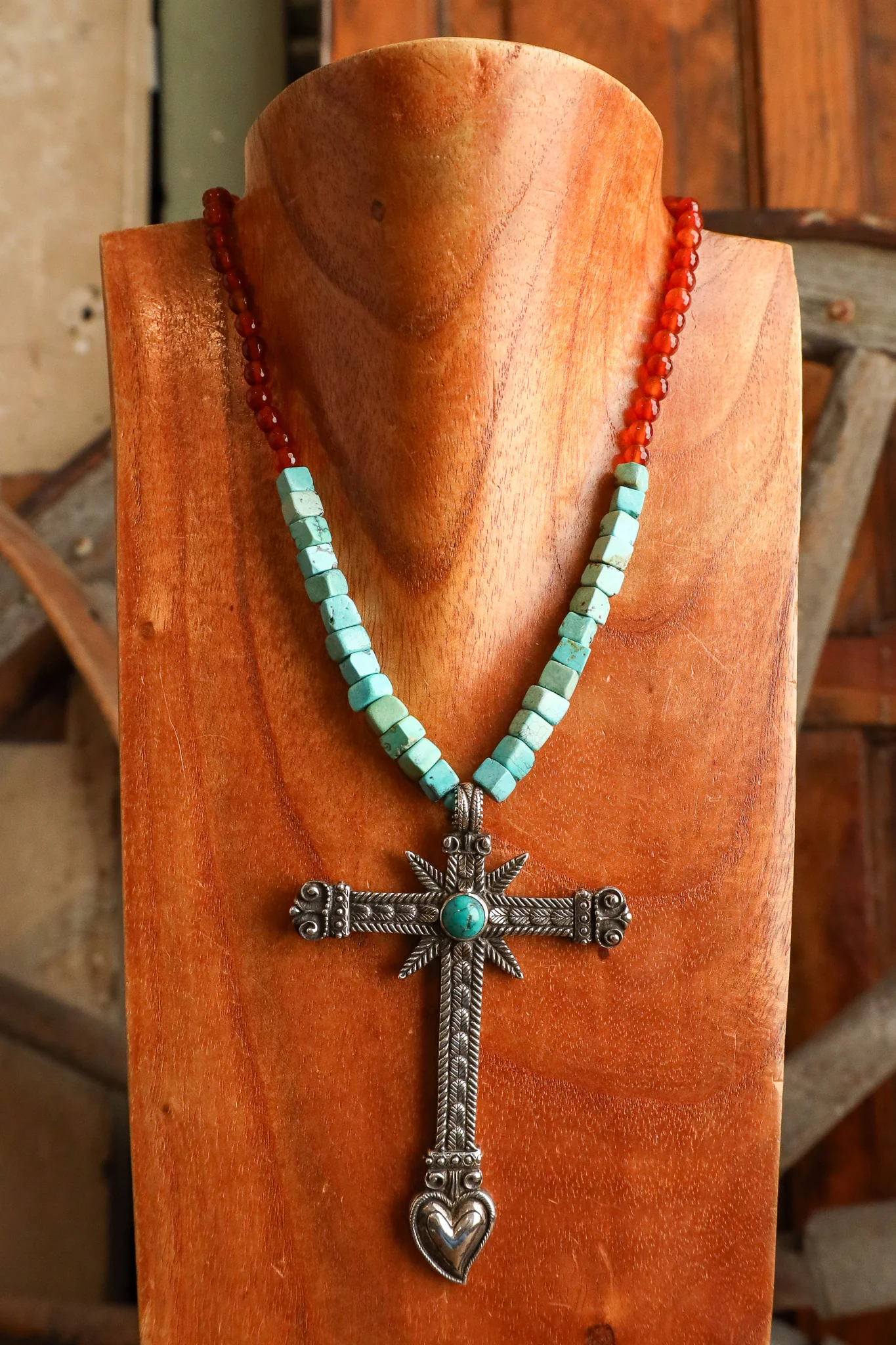 Andrea Barnett Sterling Silver Turquoise Cross Kingman Carnelian Necklace