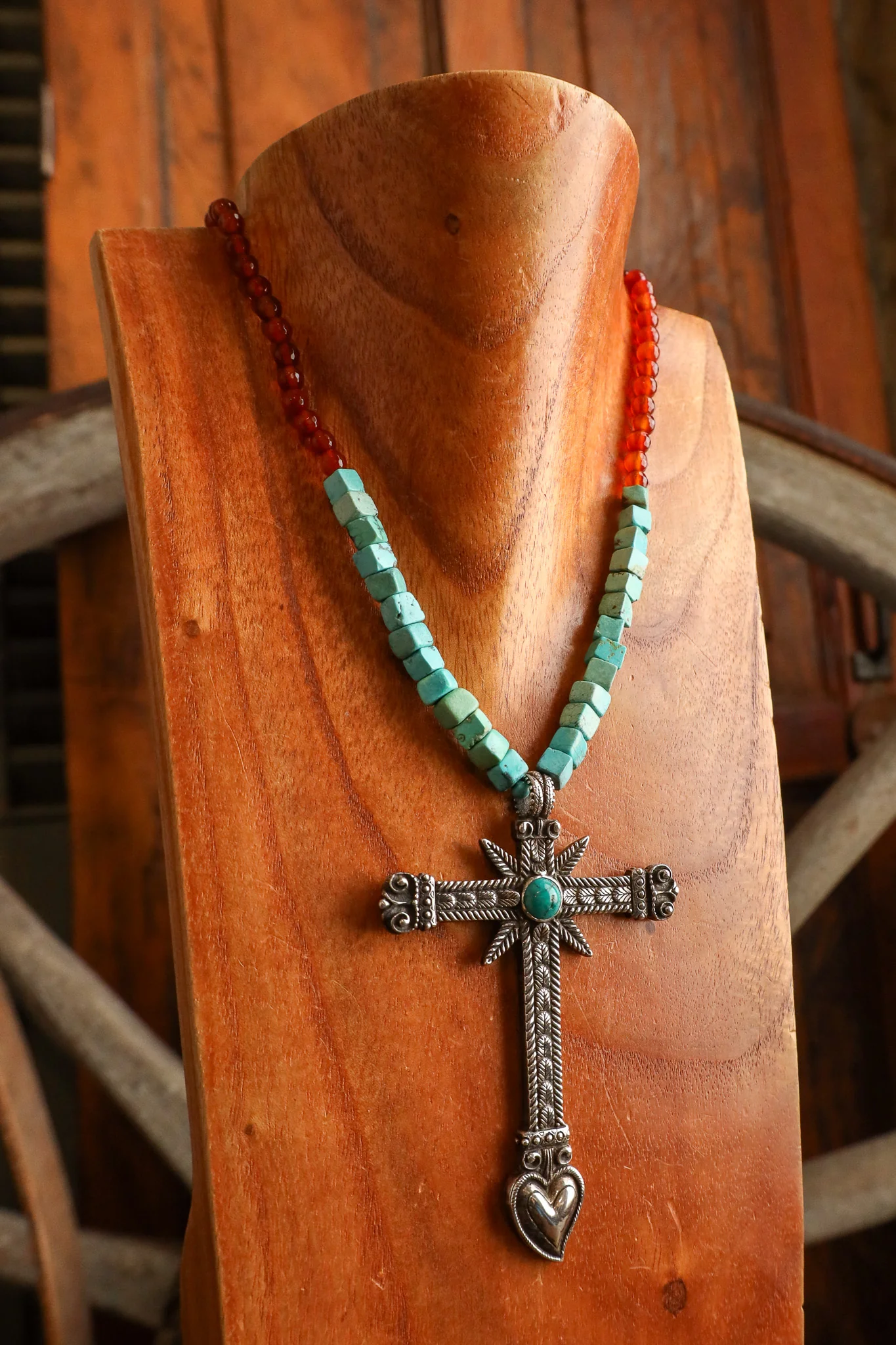 Andrea Barnett Sterling Silver Turquoise Cross Kingman Carnelian Necklace - Image 2