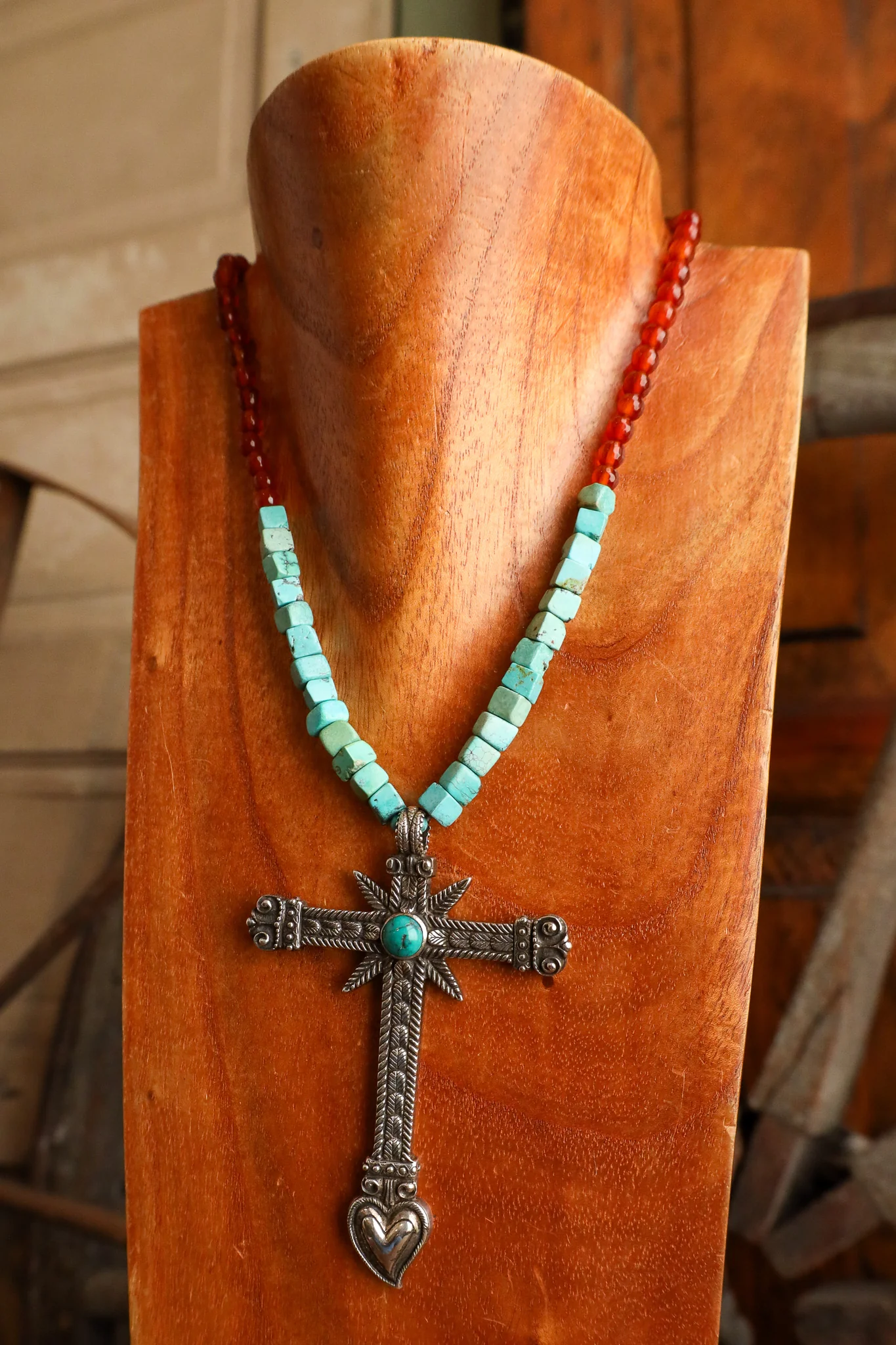 Andrea Barnett Sterling Silver Turquoise Cross Kingman Carnelian Necklace - Image 3