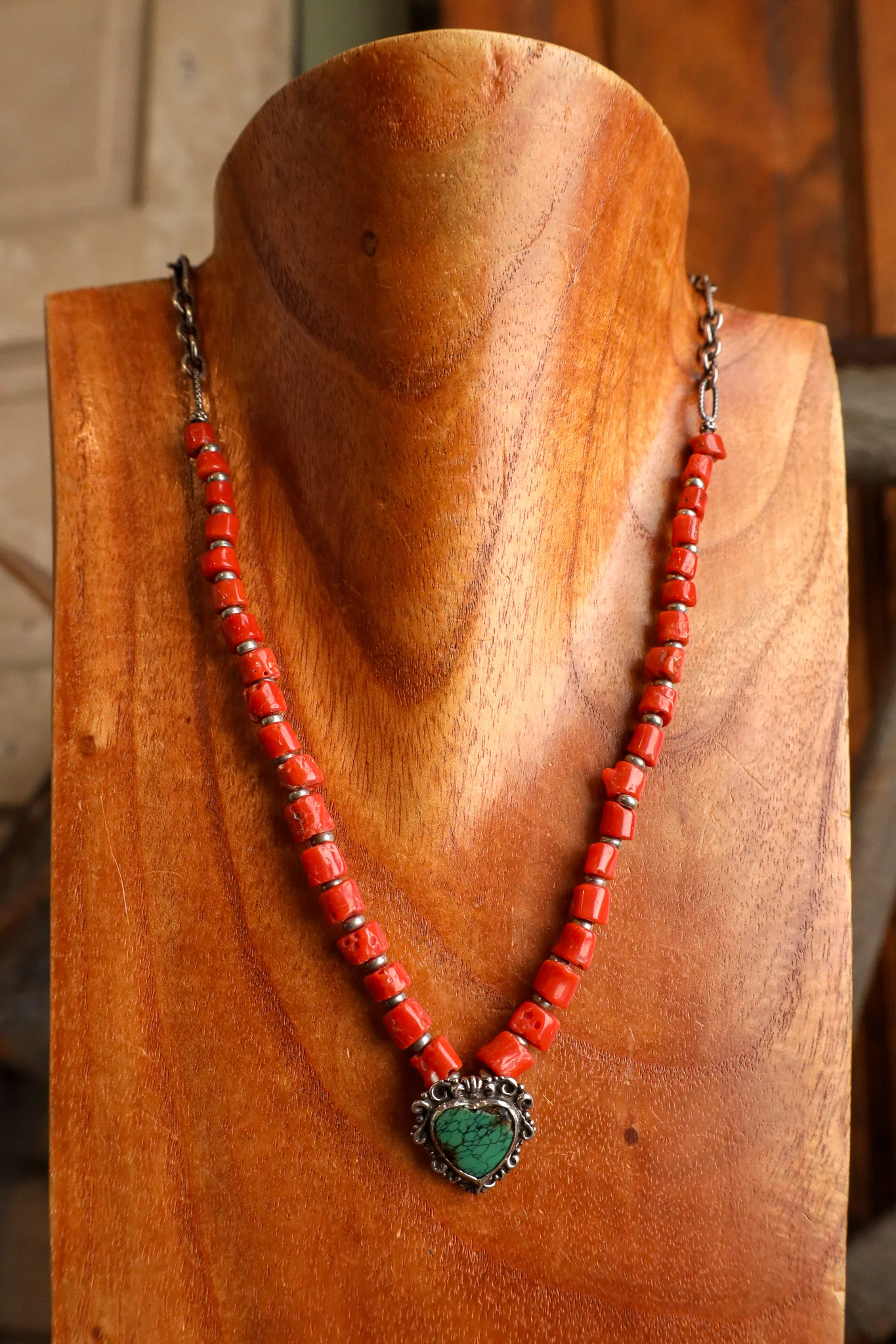 Andrea Barnett Sterling Silver Turquoise Heart Red Coral Beads Necklace