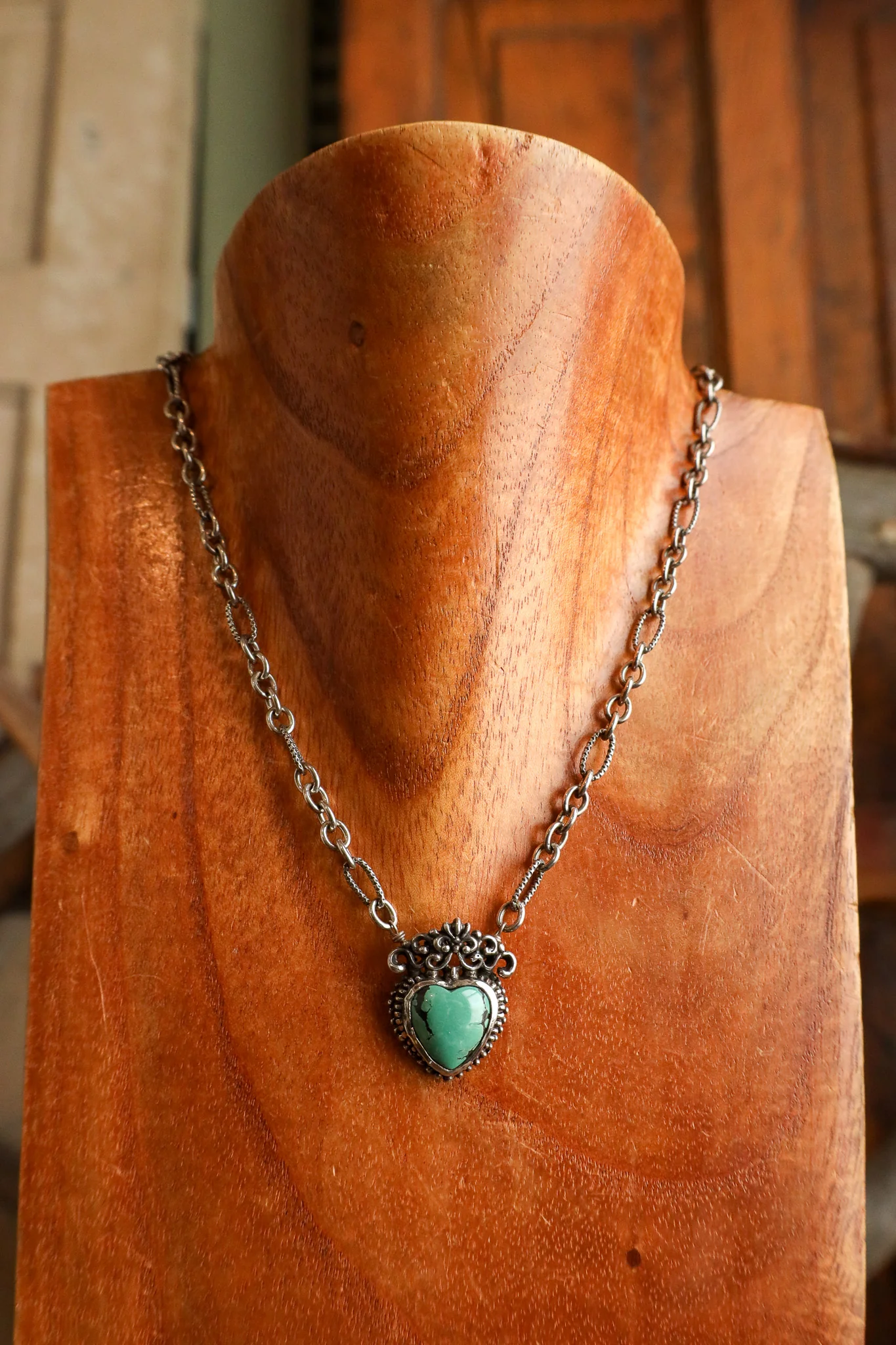 Andrea Barnett Turquoise Heart On Vintage Sterling Silver Chain Necklace
