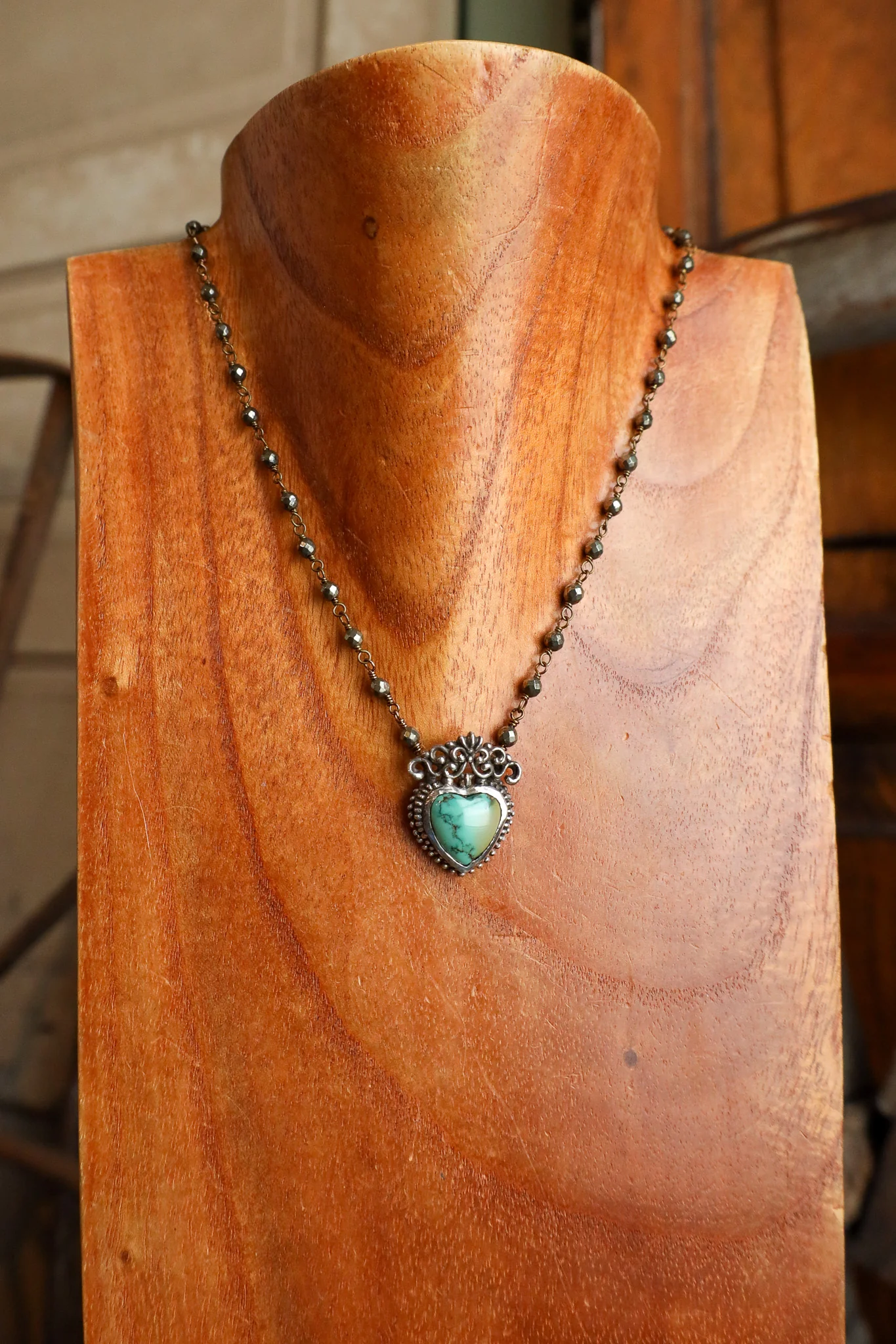 Andrea Barnett Turquoise Heart Pyrite Rosary Chain Necklace