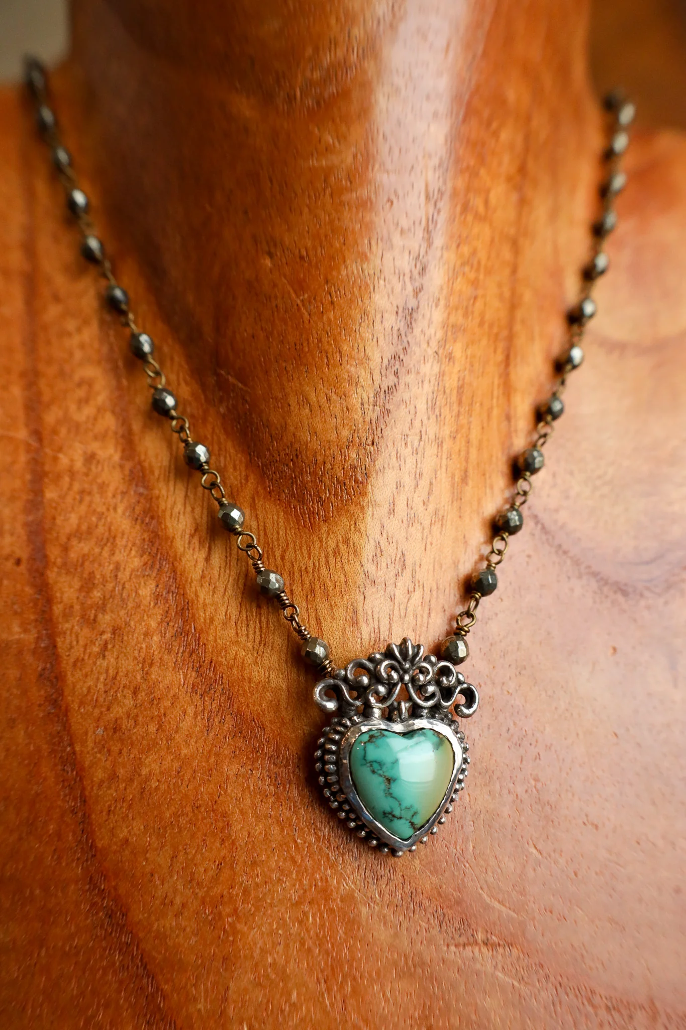 Andrea Barnett Turquoise Heart Pyrite Rosary Chain Necklace - Image 2