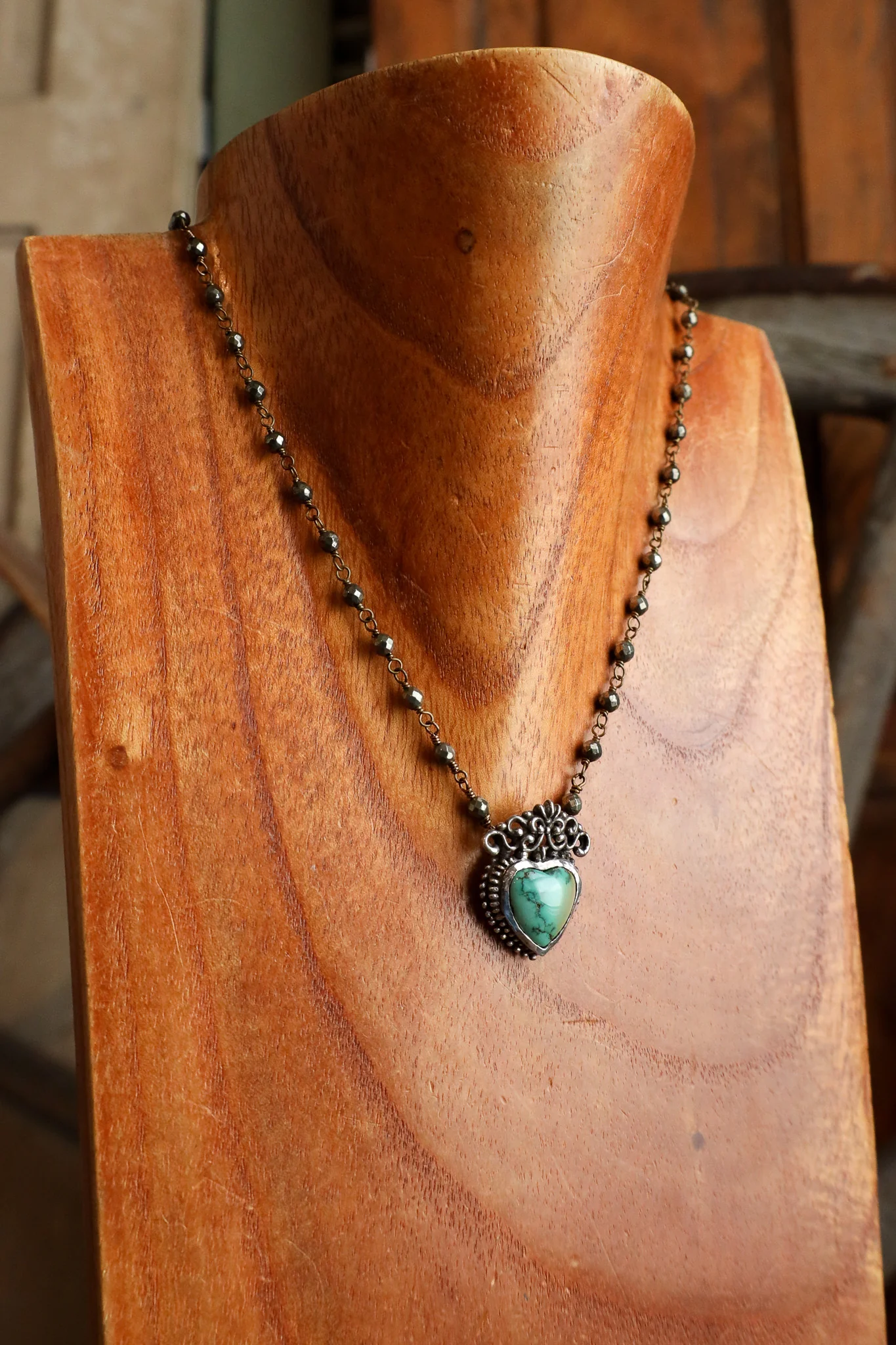 Andrea Barnett Turquoise Heart Pyrite Rosary Chain Necklace - Image 3