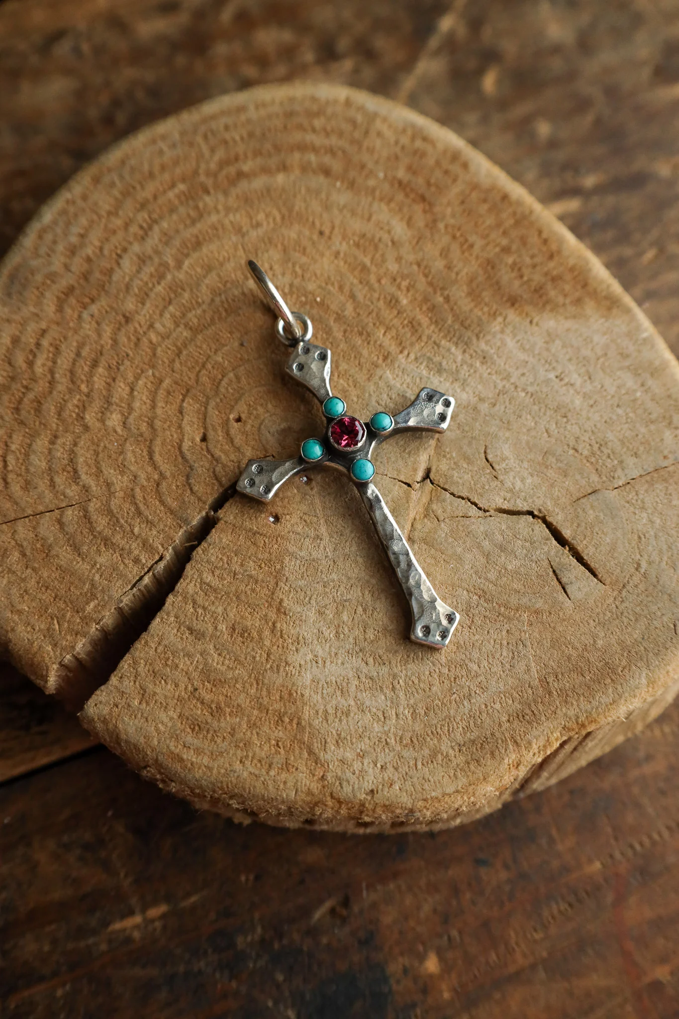 Richard Schmidt Cross 1 Pink Topaz 4 Turquoise Pendant - Image 3