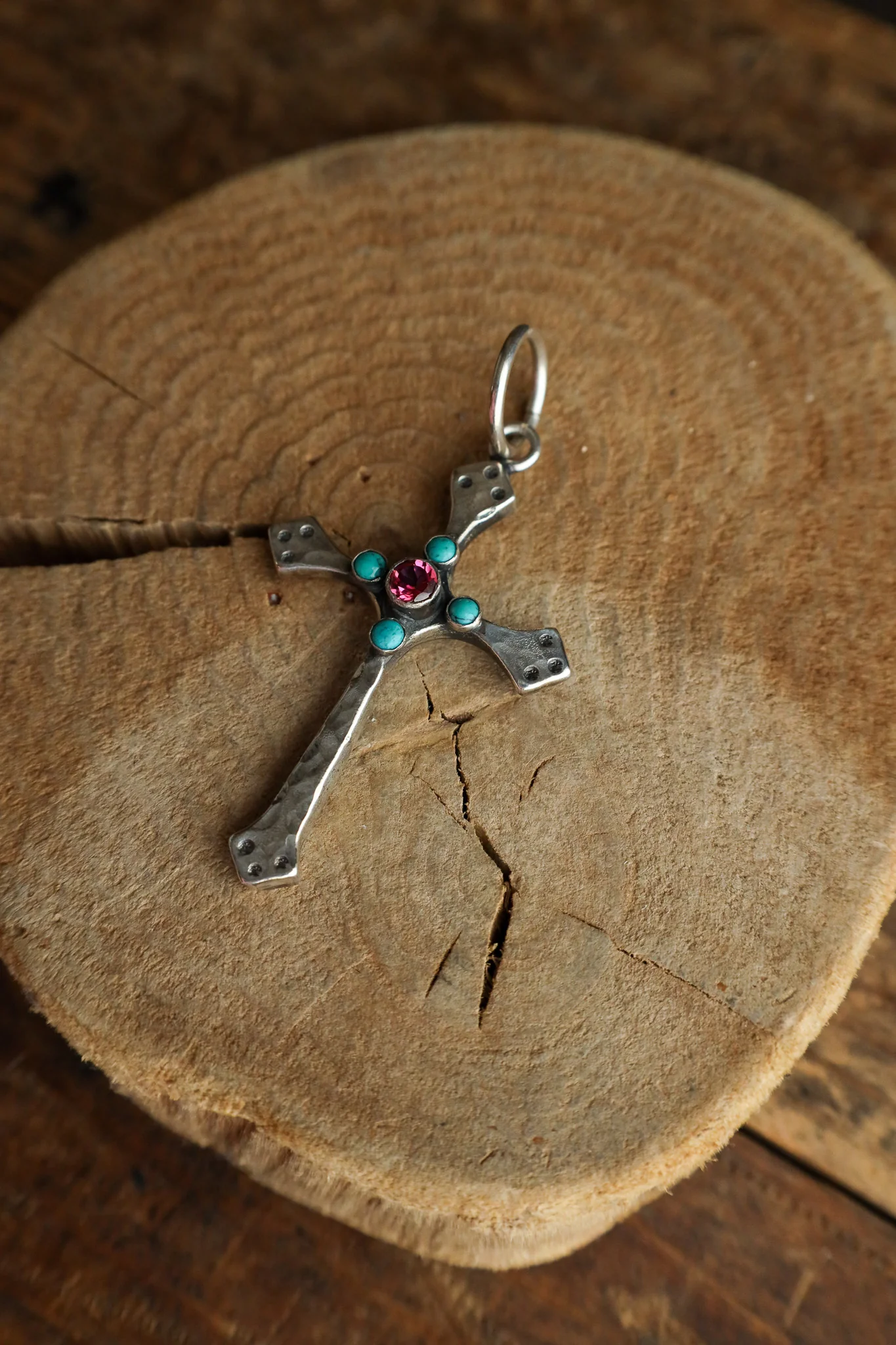 Richard Schmidt Cross 1 Pink Topaz 4 Turquoise Pendant - Image 4