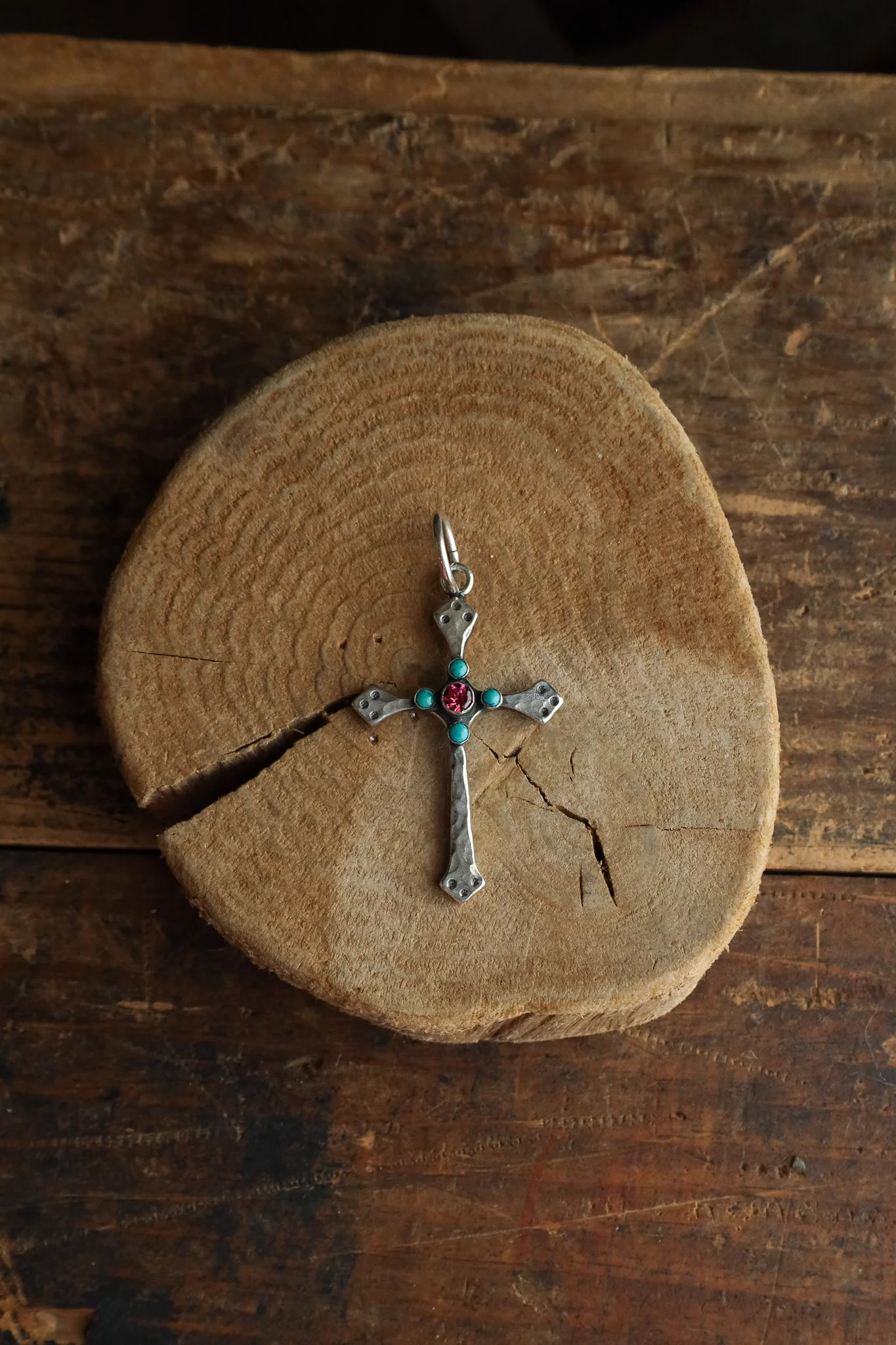 Richard Schmidt Cross 1 Pink Topaz 4 Turquoise Pendant - Image 5