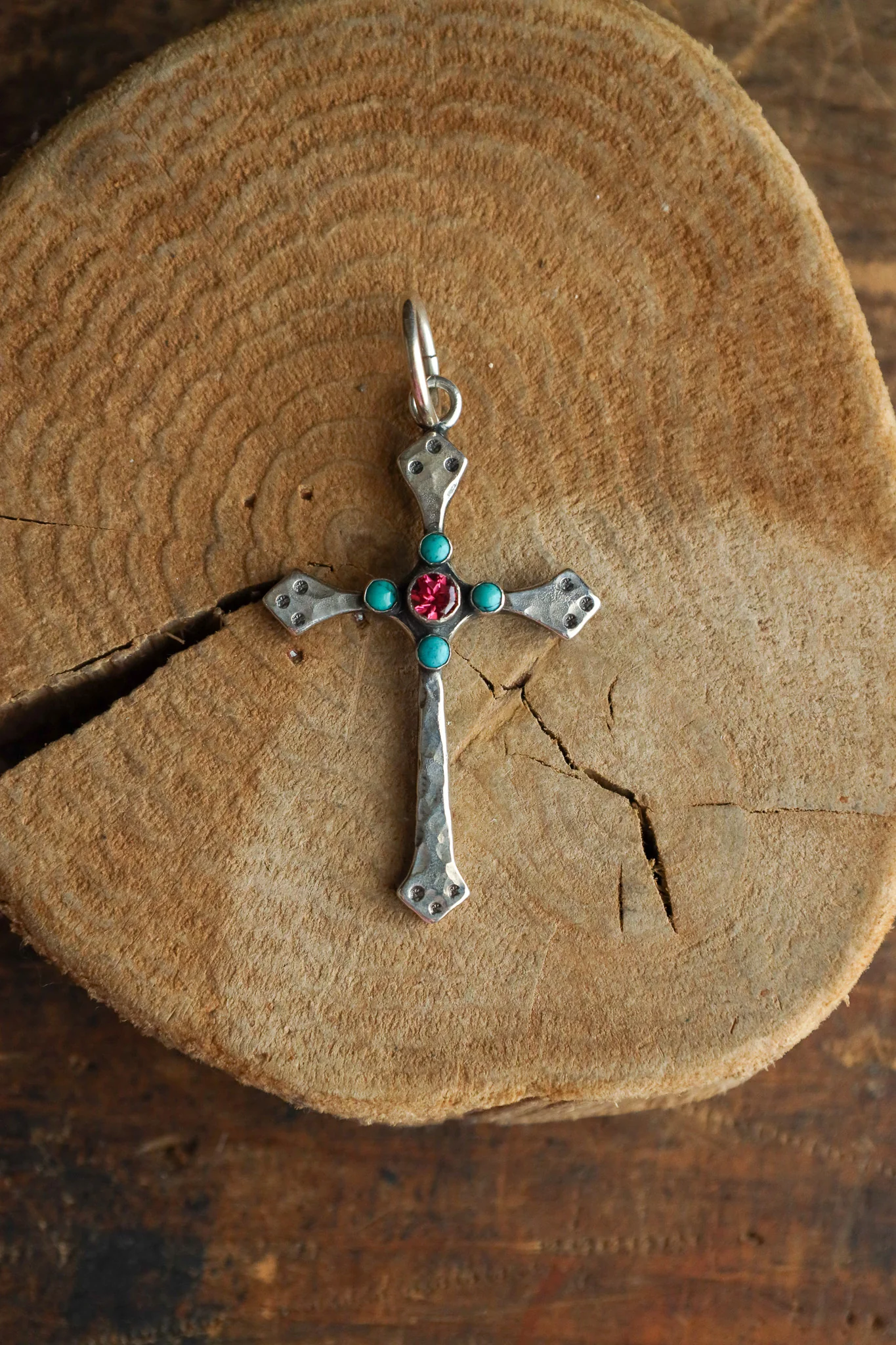 Richard Schmidt Cross 1 Pink Topaz 4 Turquoise Pendant - Image 6
