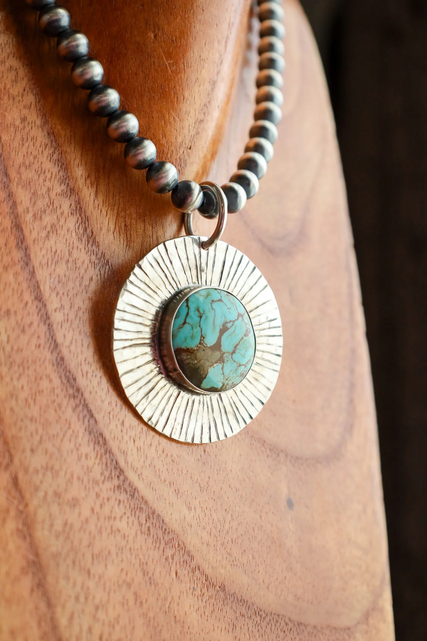 Richard Schmidt Large Disc Kingman Turquoise With Rays Pendant - Image 2
