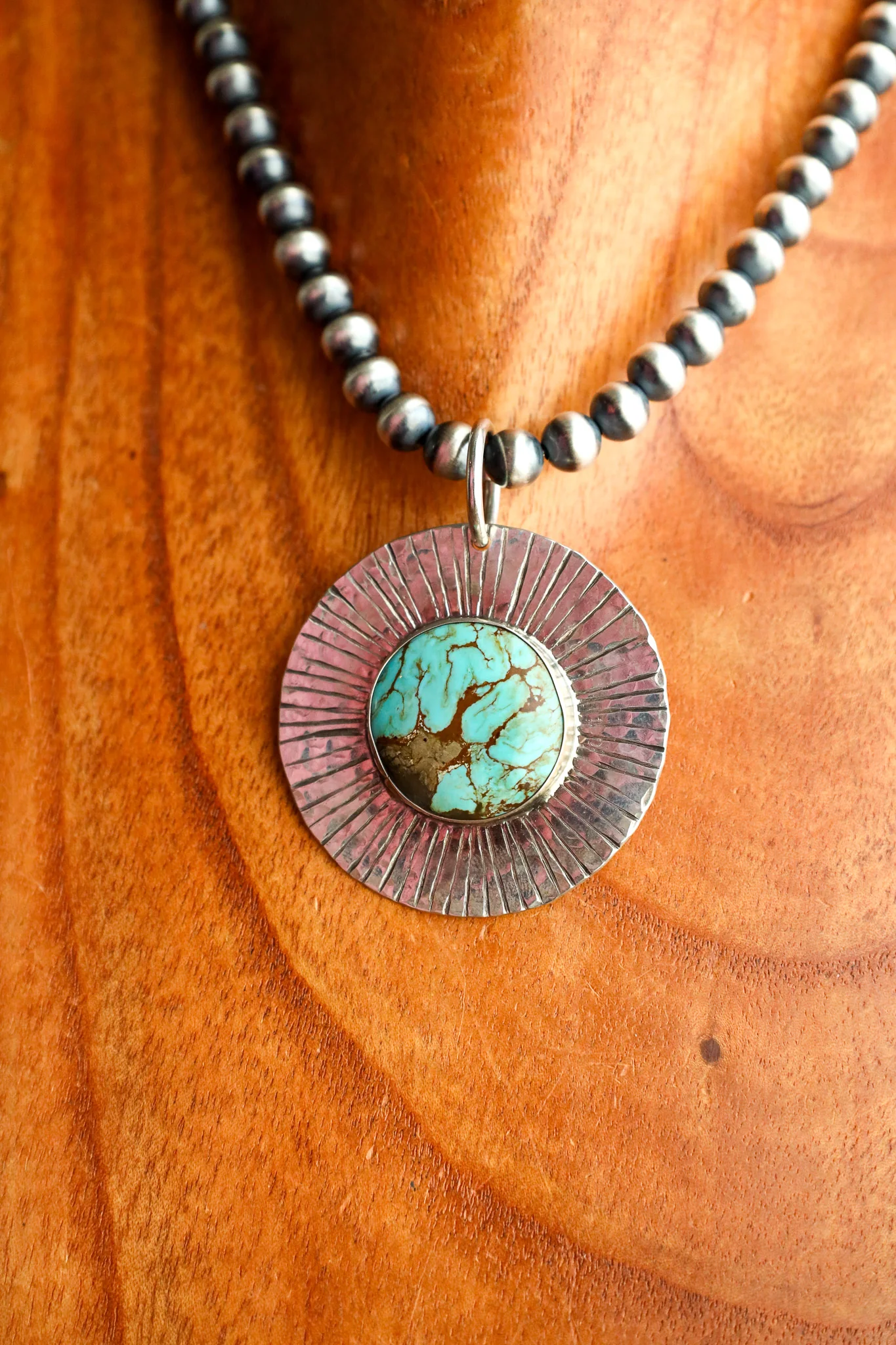 Richard Schmidt Large Disc Kingman Turquoise With Rays Pendant - Image 3
