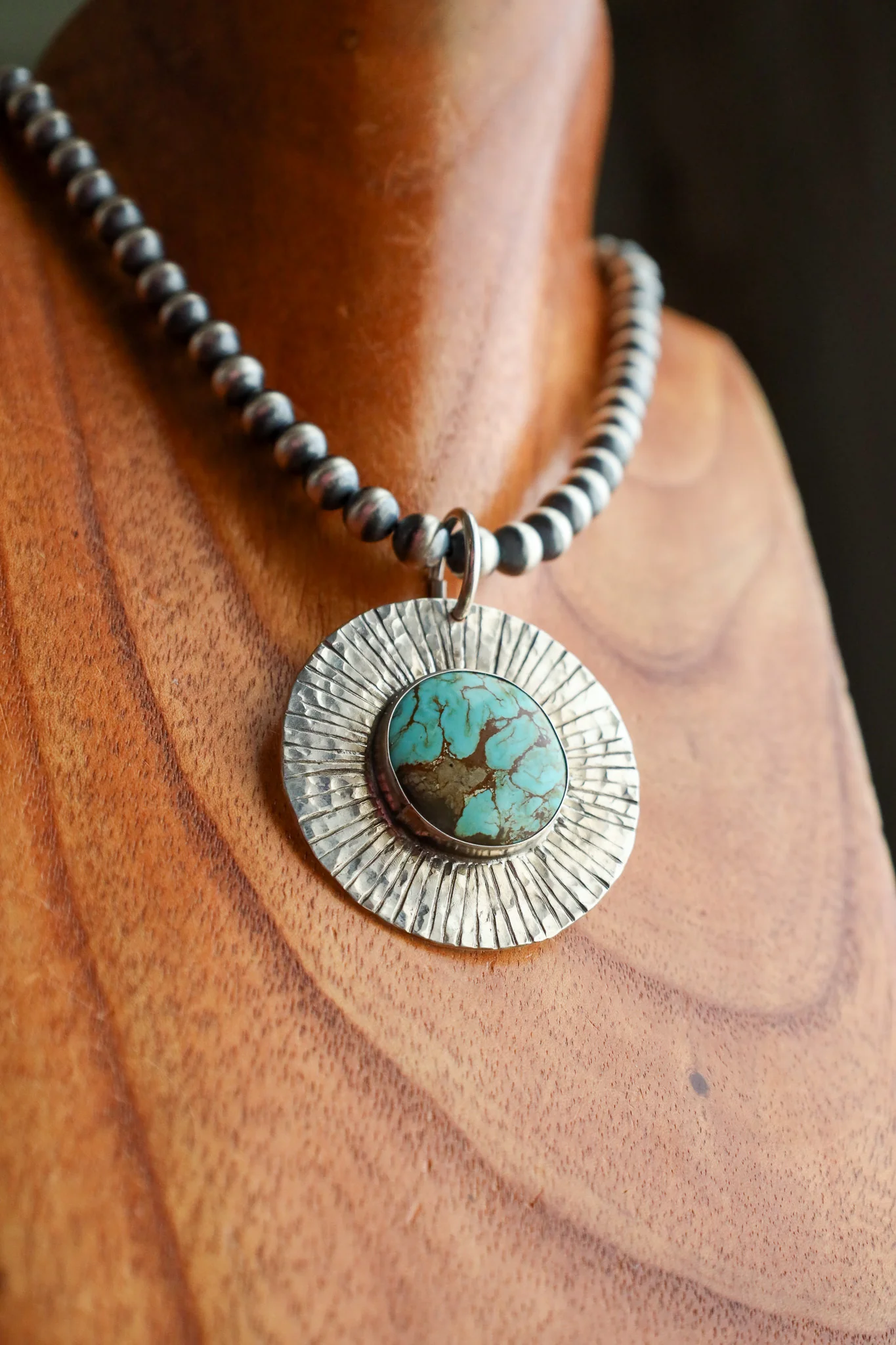 Richard Schmidt Large Disc Kingman Turquoise With Rays Pendant - Image 4
