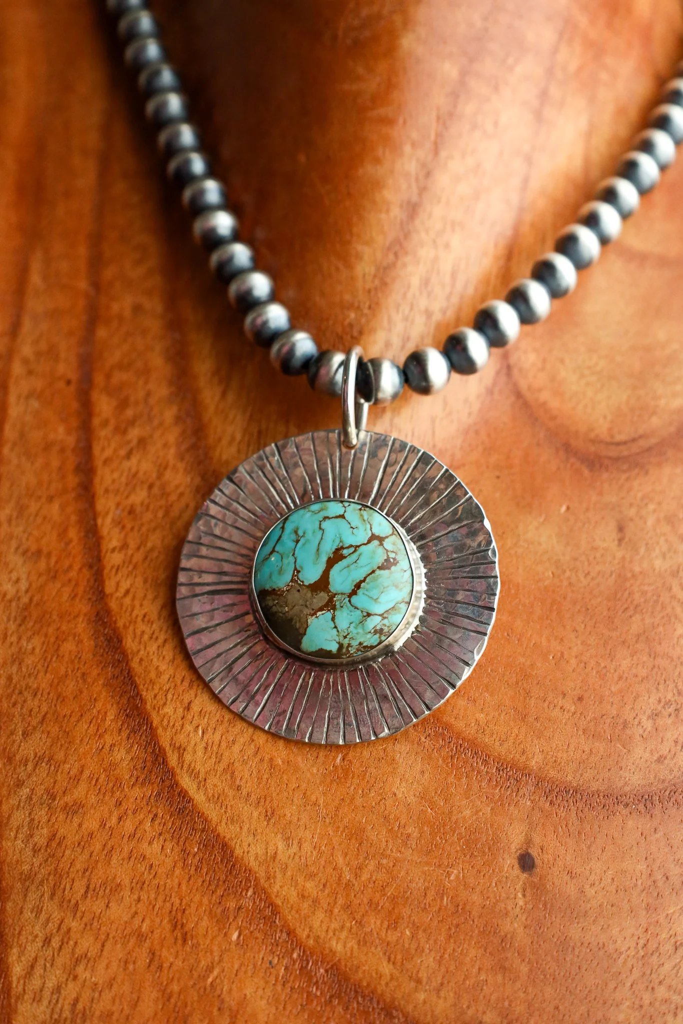 Richard Schmidt Large Disc Kingman Turquoise With Rays Pendant - Image 5