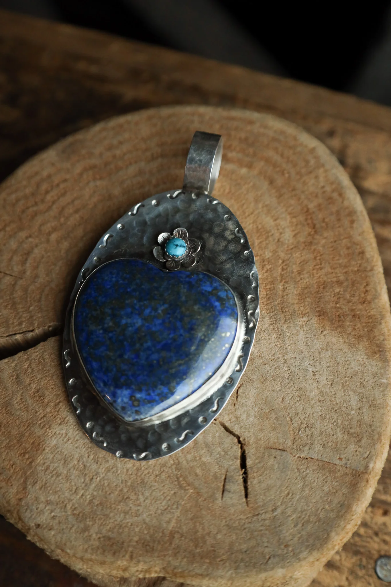Richard Schmidt Large Lapis Heart Turquoise Round Flower Pendant - Image 3