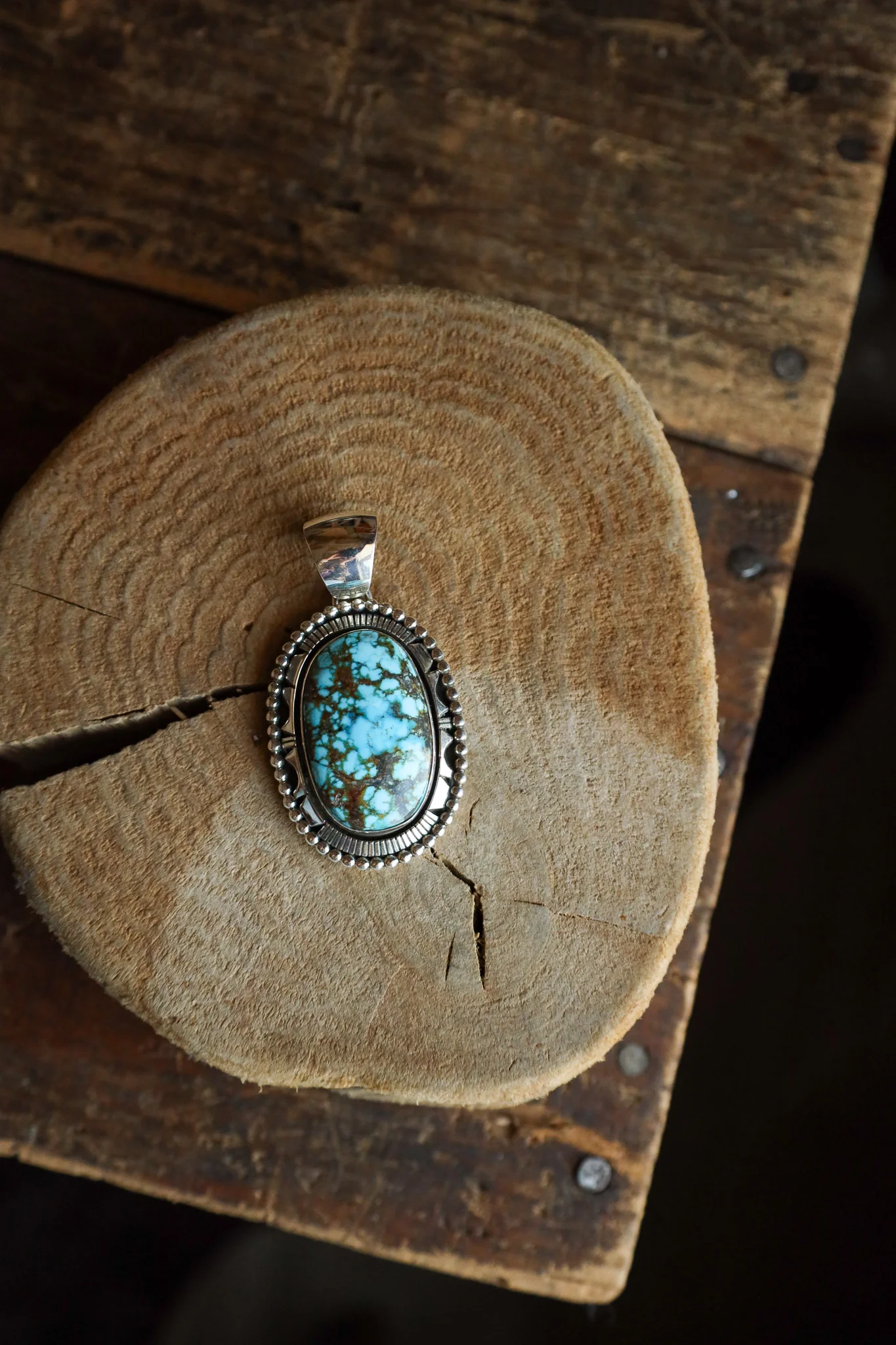 Large Turquoise and Brown Oval Sterling Silver Dots Pendant