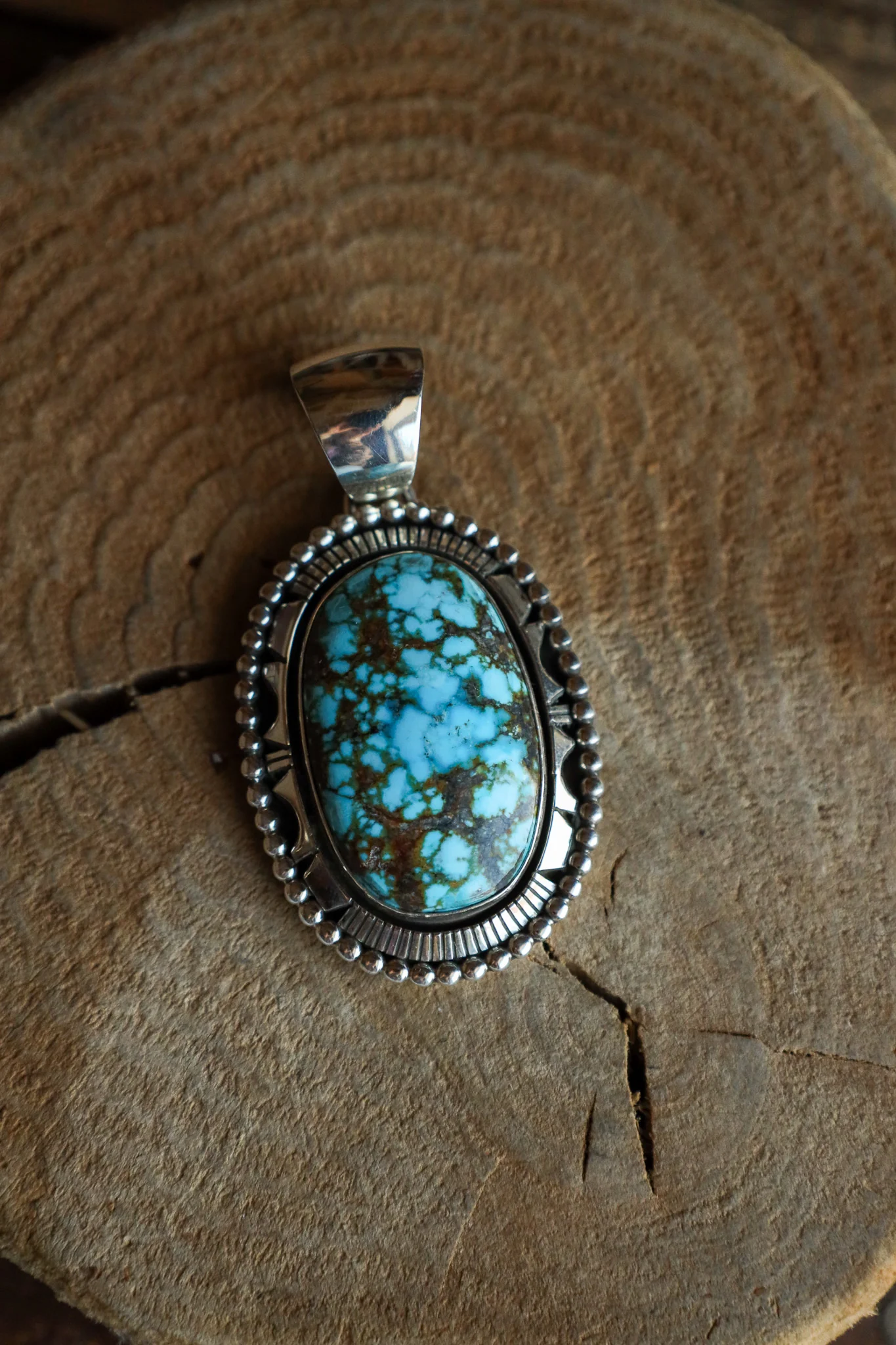 Large Turquoise and Brown Oval Sterling Silver Dots Pendant - Image 2