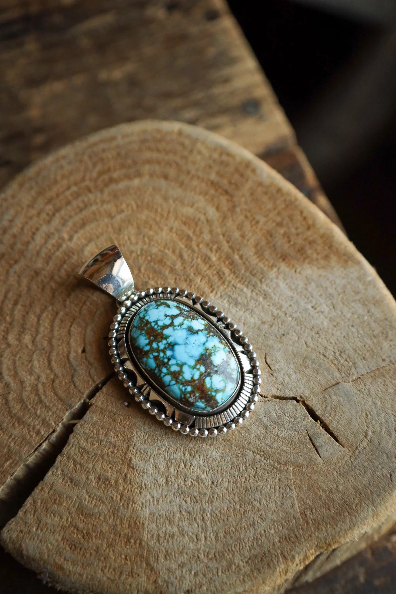 Large Turquoise and Brown Oval Sterling Silver Dots Pendant - Image 3