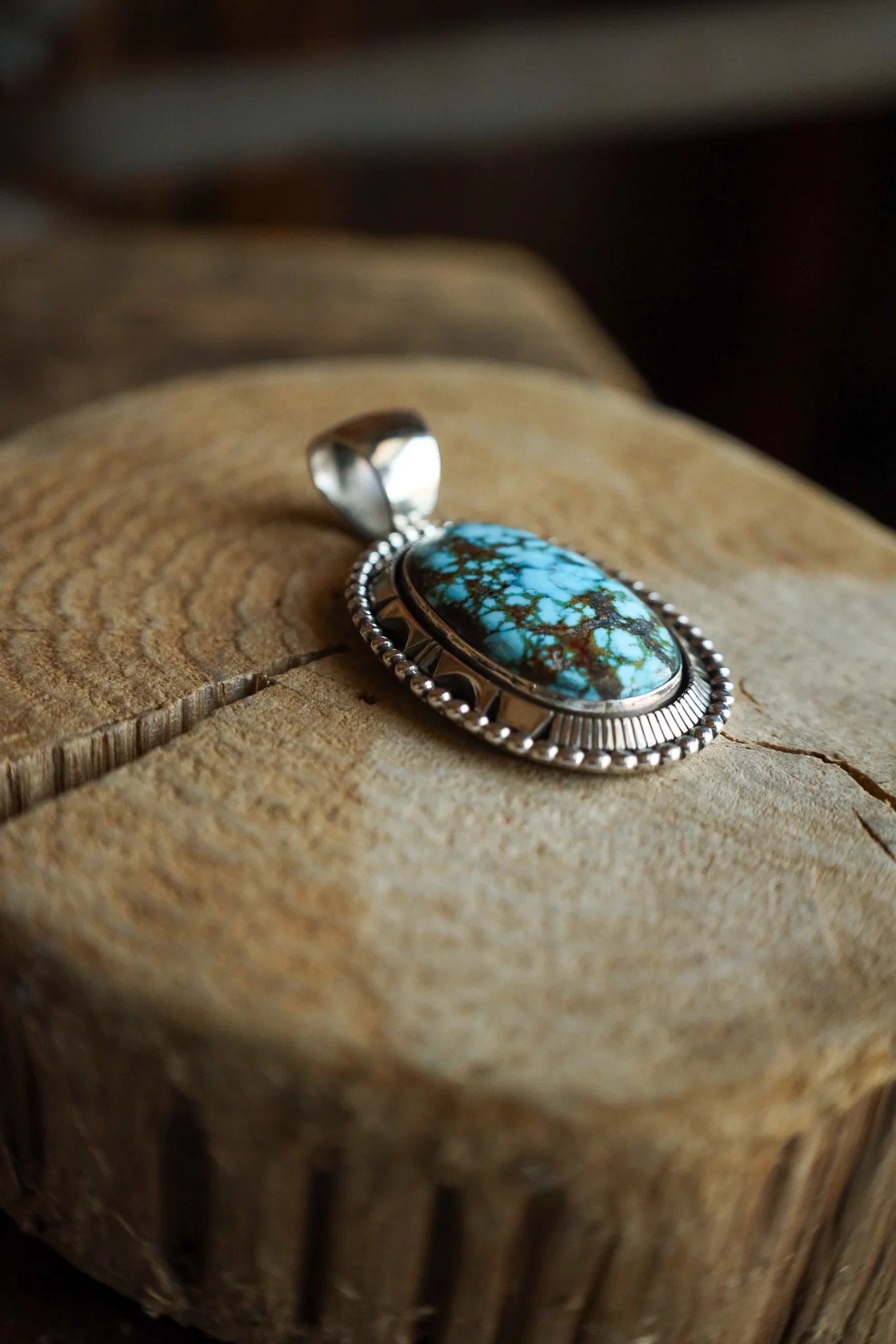 Large Turquoise and Brown Oval Sterling Silver Dots Pendant - Image 4