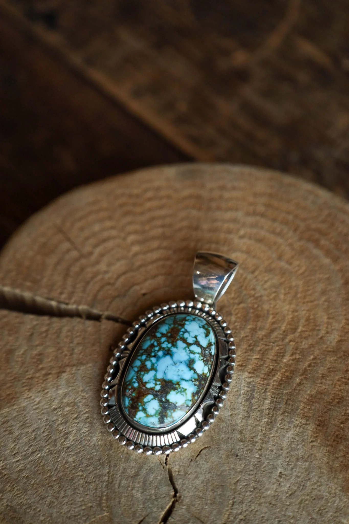 Large Turquoise and Brown Oval Sterling Silver Dots Pendant - Image 5