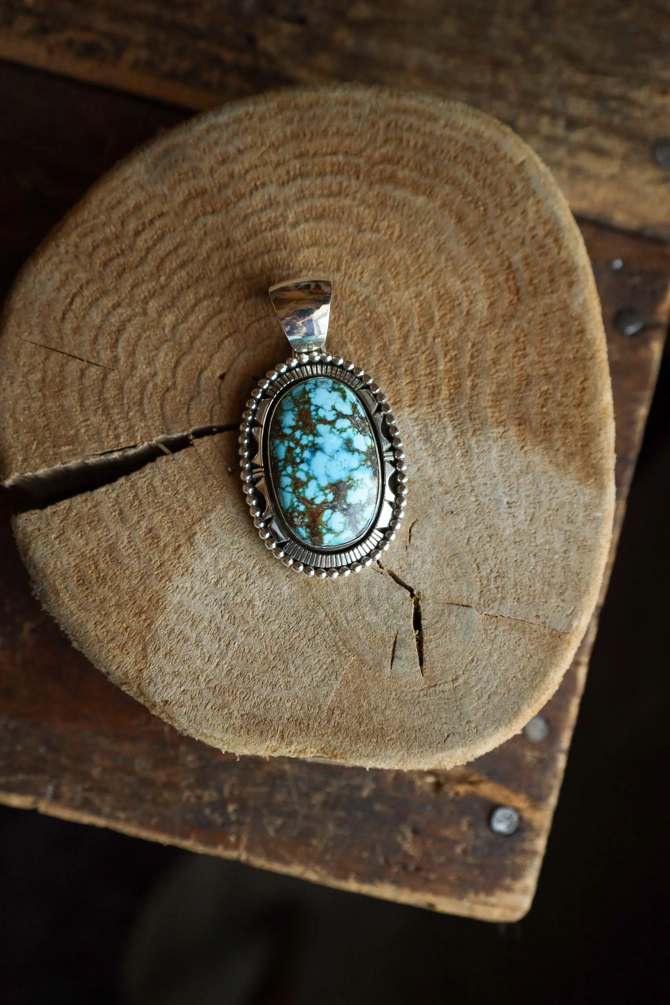 Large Turquoise and Brown Oval Sterling Silver Dots Pendant - Image 6