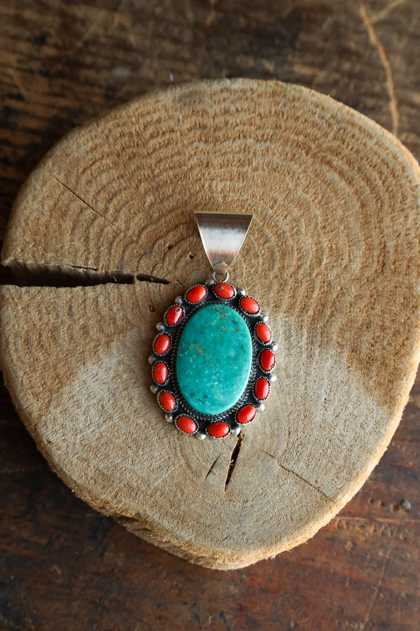 Large Turquoise Oval With Coral Edge Pendant - Image 3