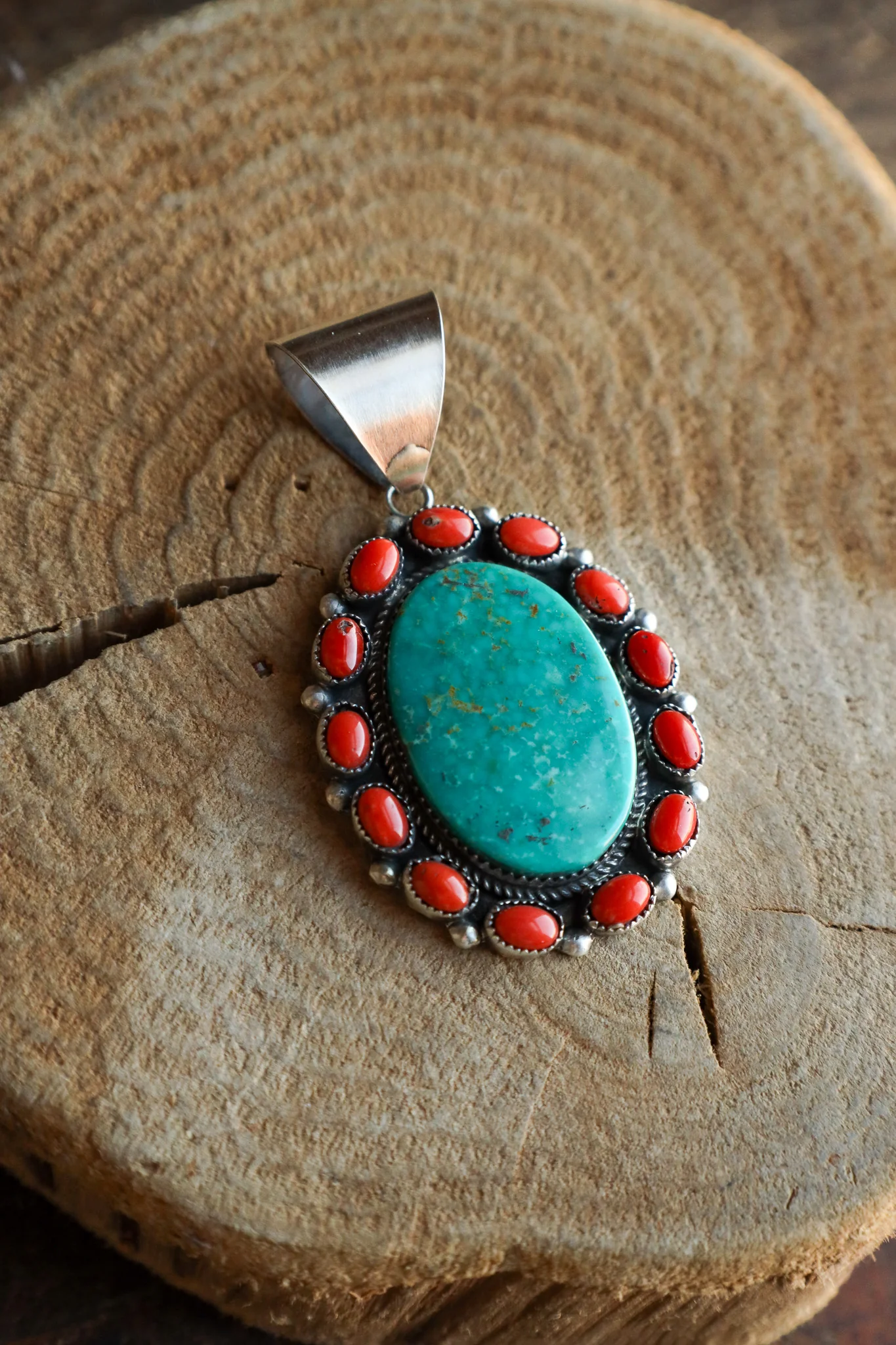 Large Turquoise Oval With Coral Edge Pendant - Image 4
