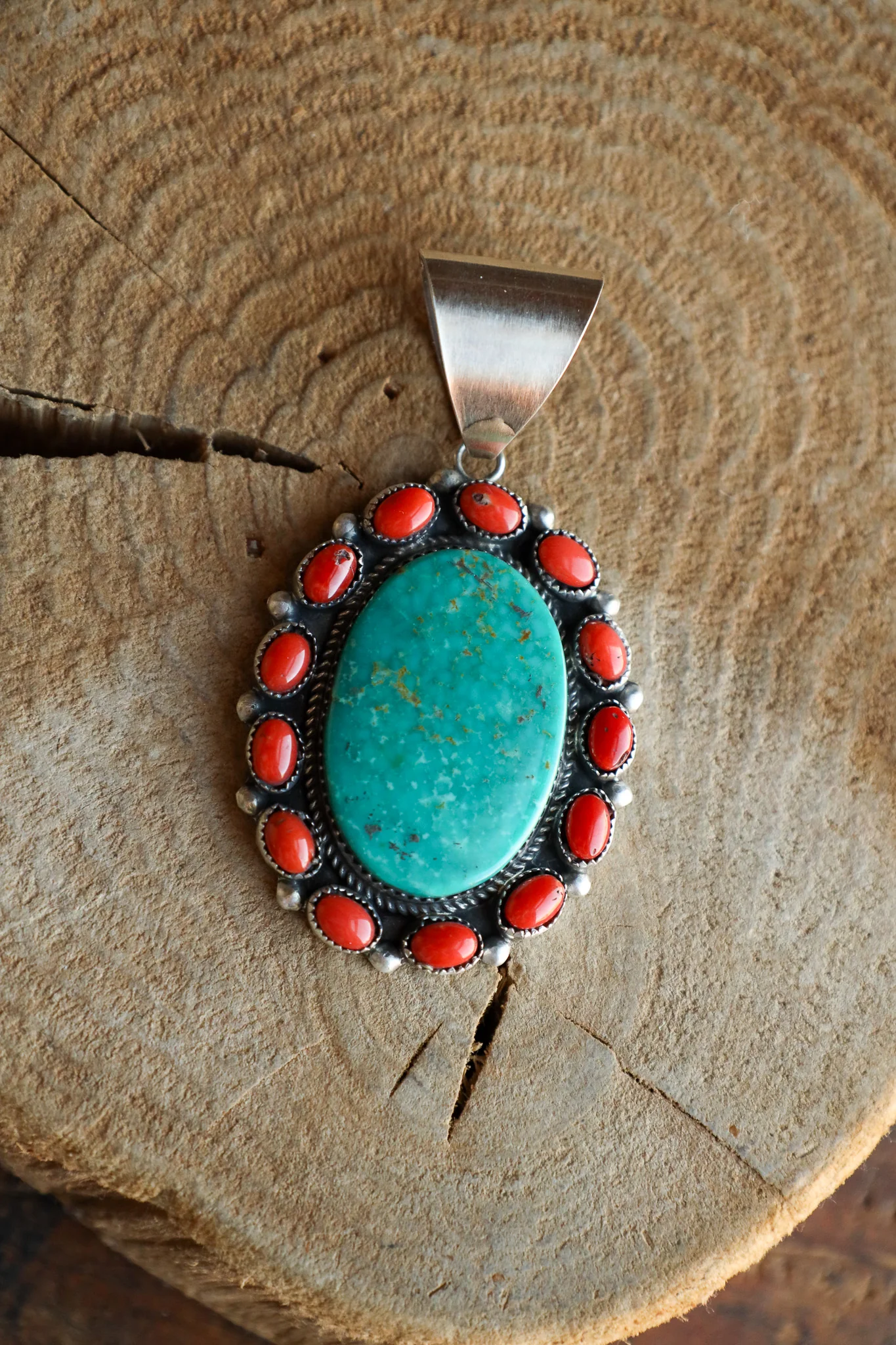 Large Turquoise Oval With Coral Edge Pendant - Image 5
