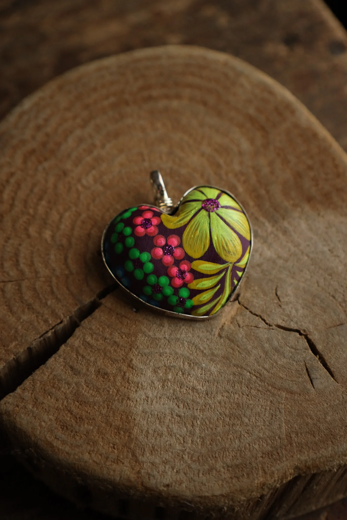 Coreen Cordova Small Purple Heart Yellow Flowers Pendant - Image 3