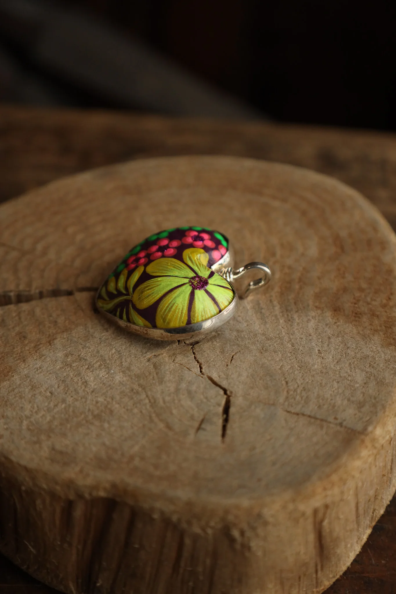 Coreen Cordova Small Purple Heart Yellow Flowers Pendant - Image 4