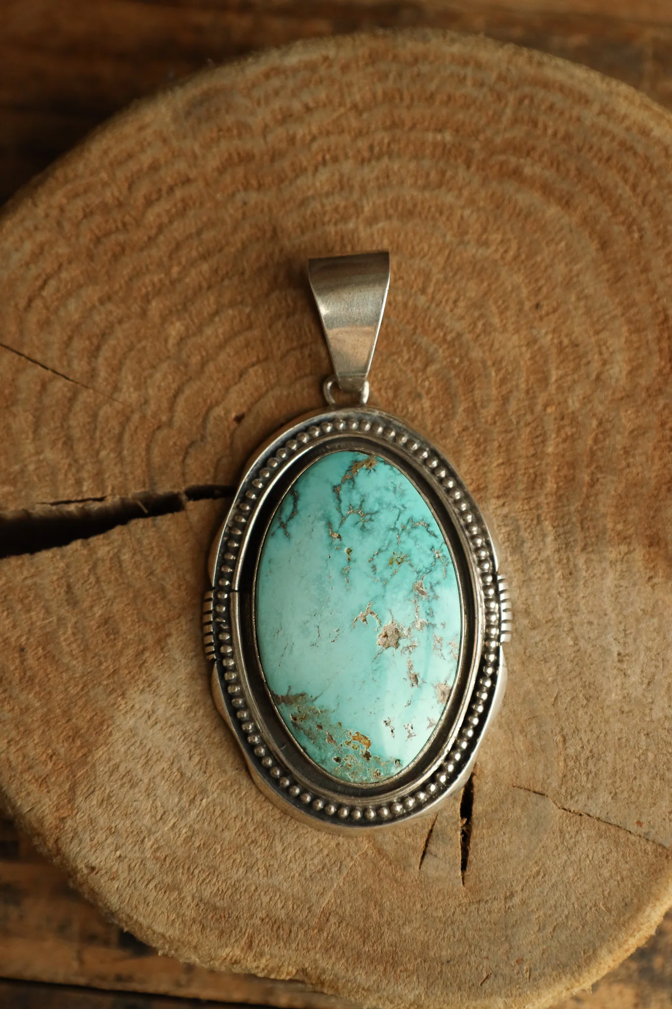 Extra Large Turquoise Oval Sterling Silver Dots Frame Pendant