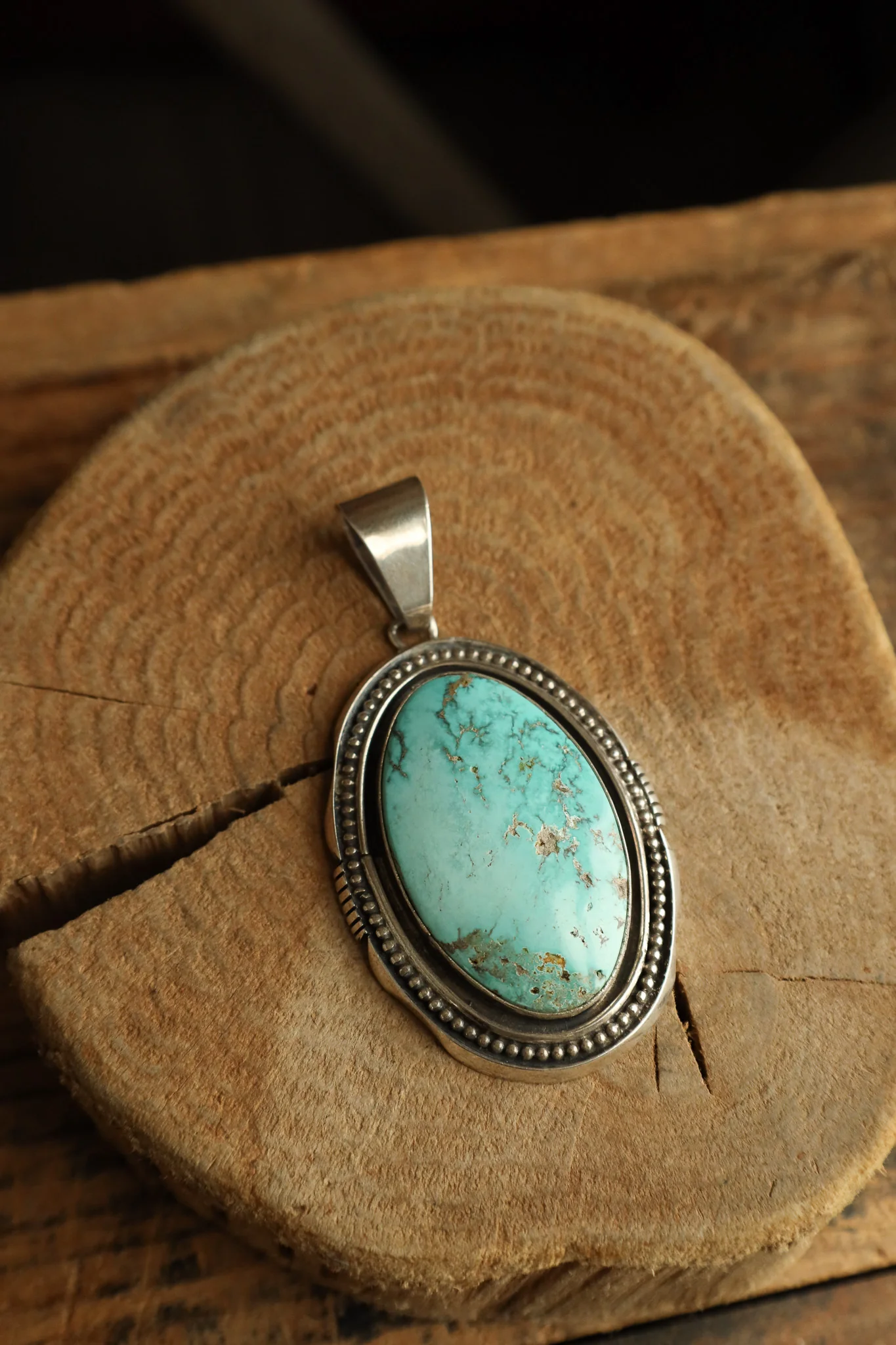 Extra Large Turquoise Oval Sterling Silver Dots Frame Pendant - Image 2