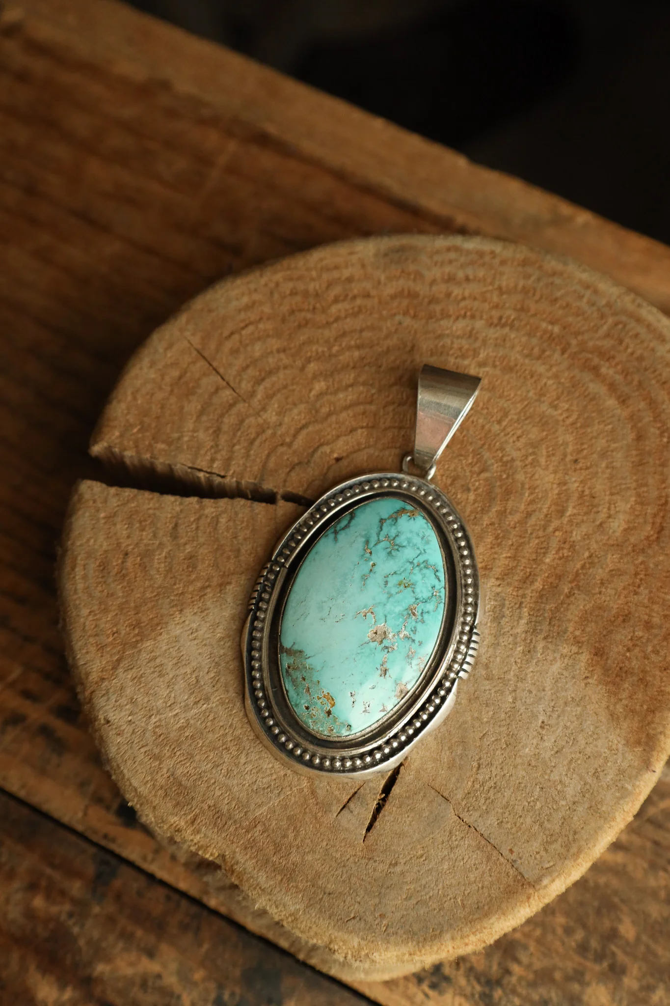 Extra Large Turquoise Oval Sterling Silver Dots Frame Pendant - Image 3