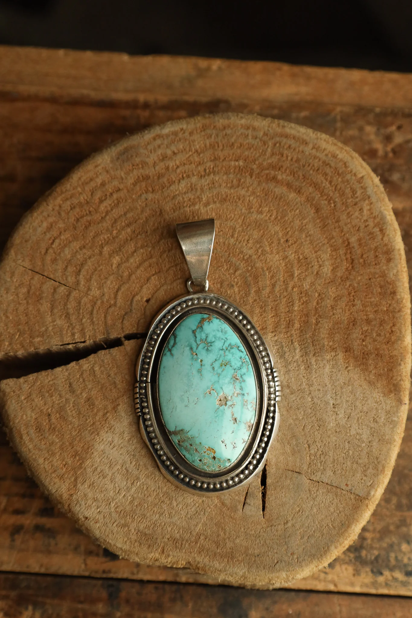 Extra Large Turquoise Oval Sterling Silver Dots Frame Pendant - Image 4