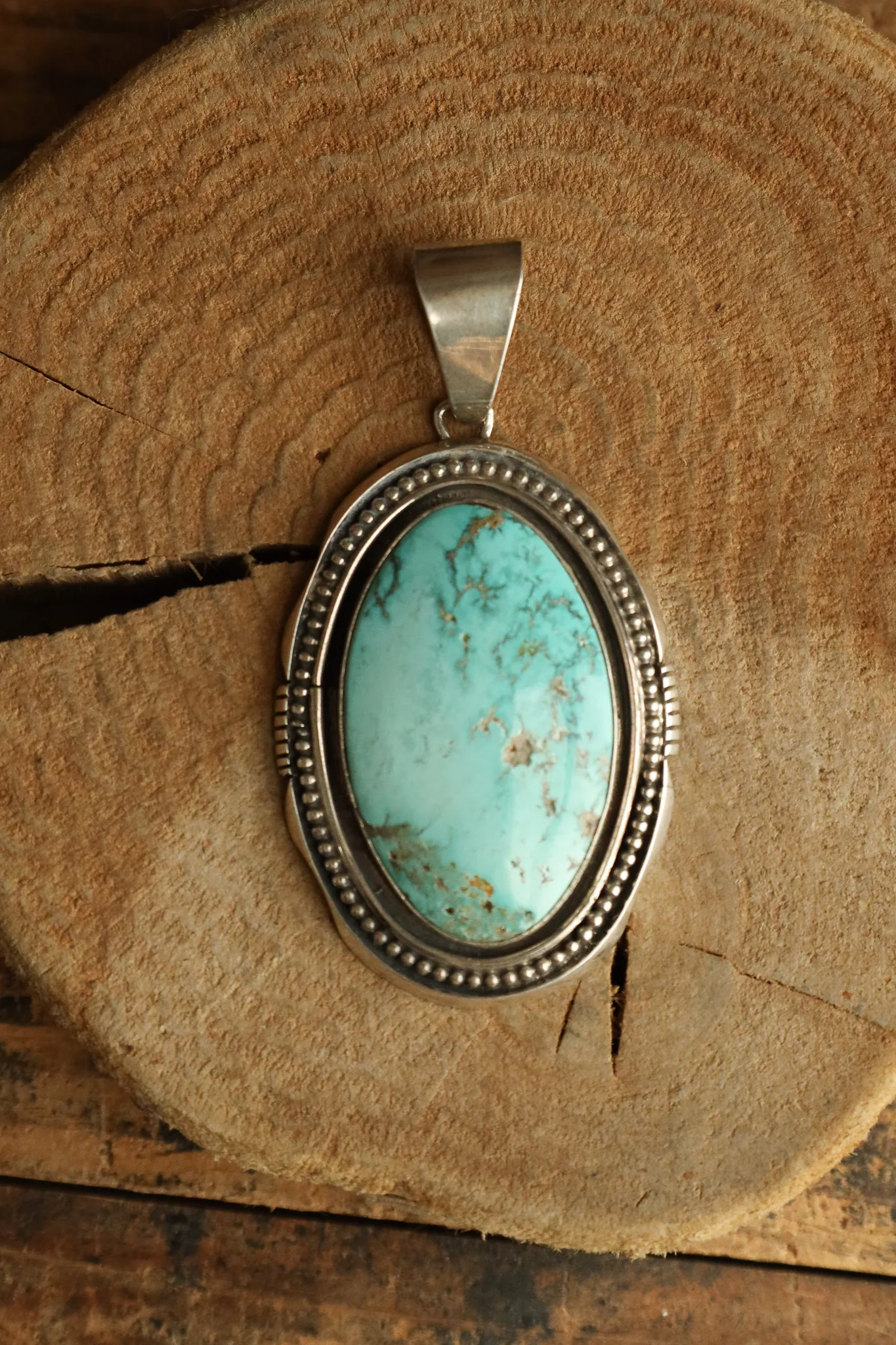 Extra Large Turquoise Oval Sterling Silver Dots Frame Pendant - Image 5