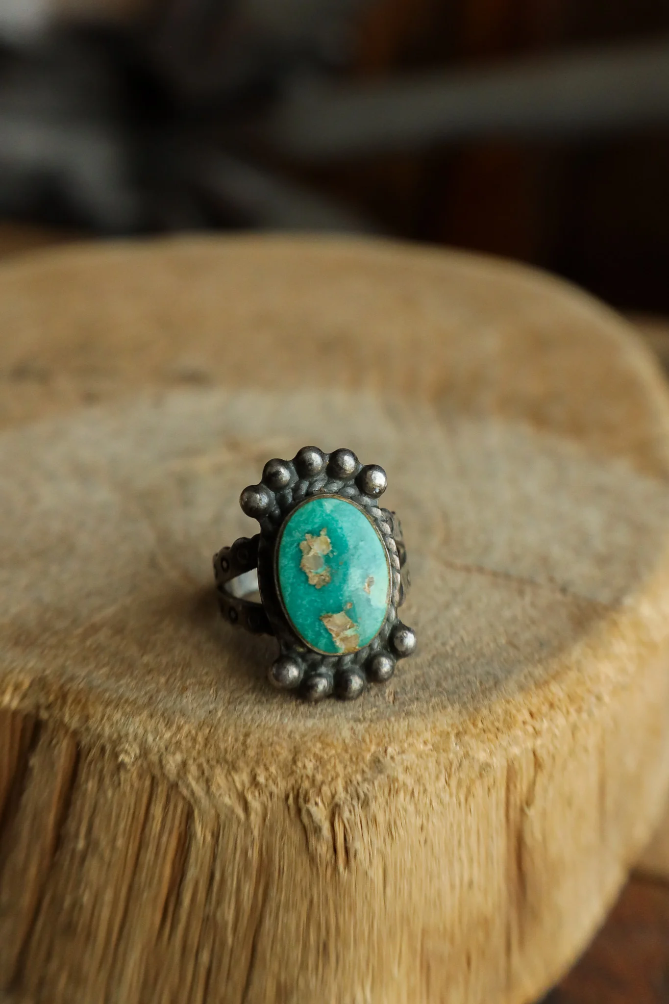 Oval Green Turquoise Sterling Silver Dots Ring- Size 6