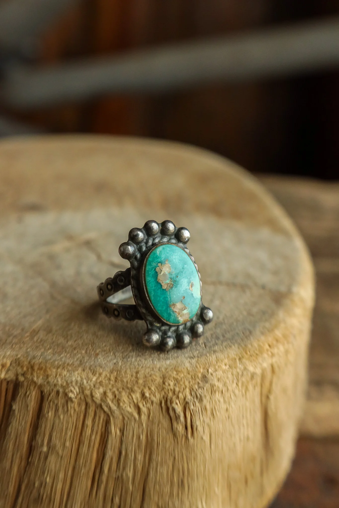 Oval Green Turquoise Sterling Silver Dots Ring- Size 6 - Image 2