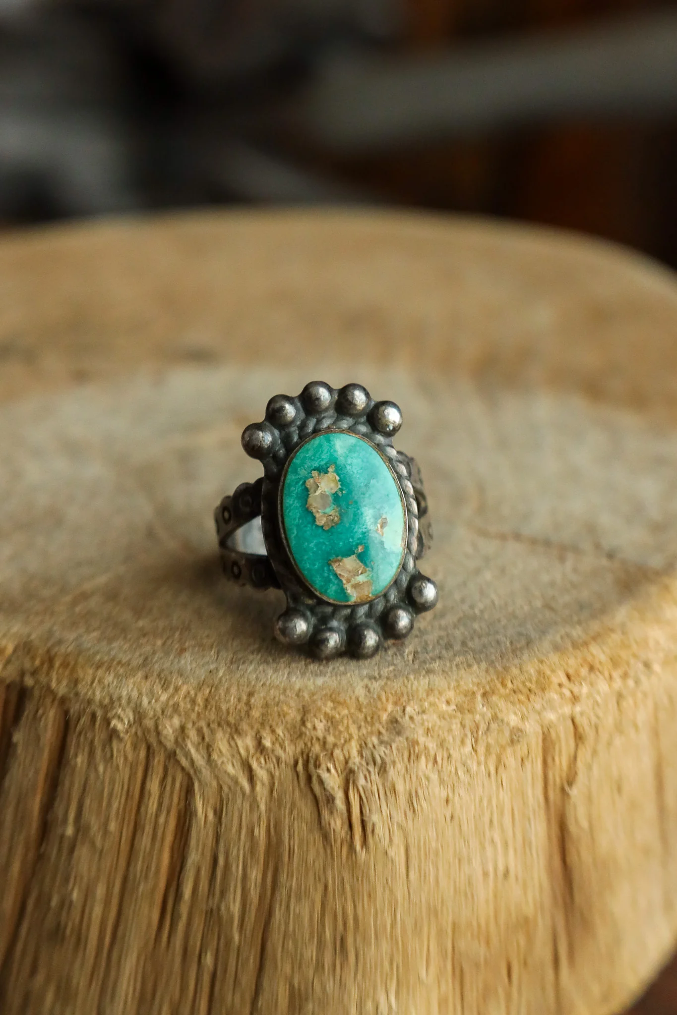 Oval Green Turquoise Sterling Silver Dots Ring- Size 6 - Image 3