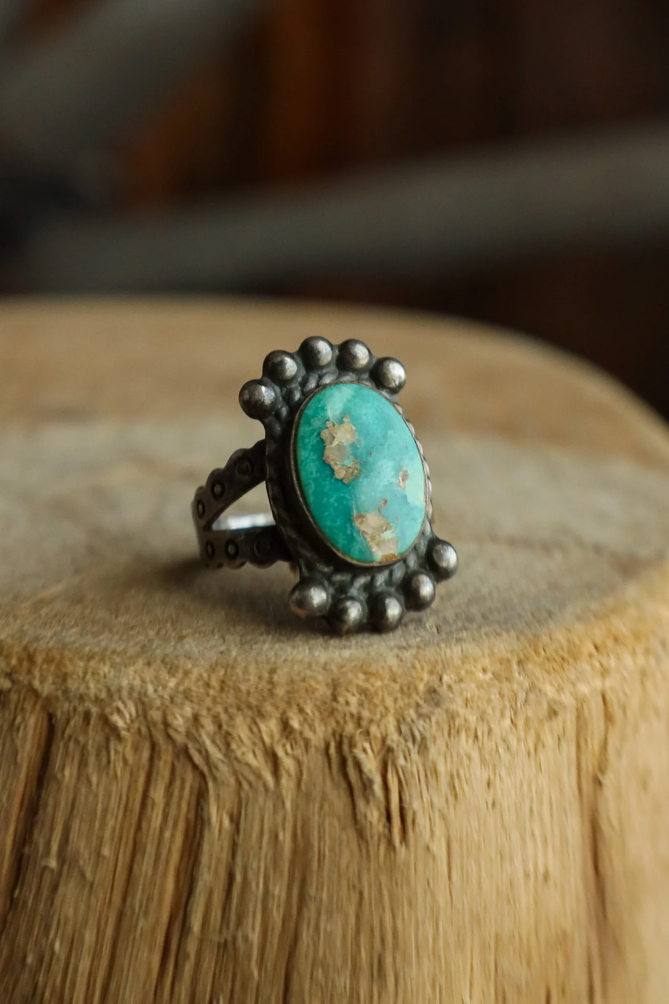 Oval Green Turquoise Sterling Silver Dots Ring- Size 6 - Image 6